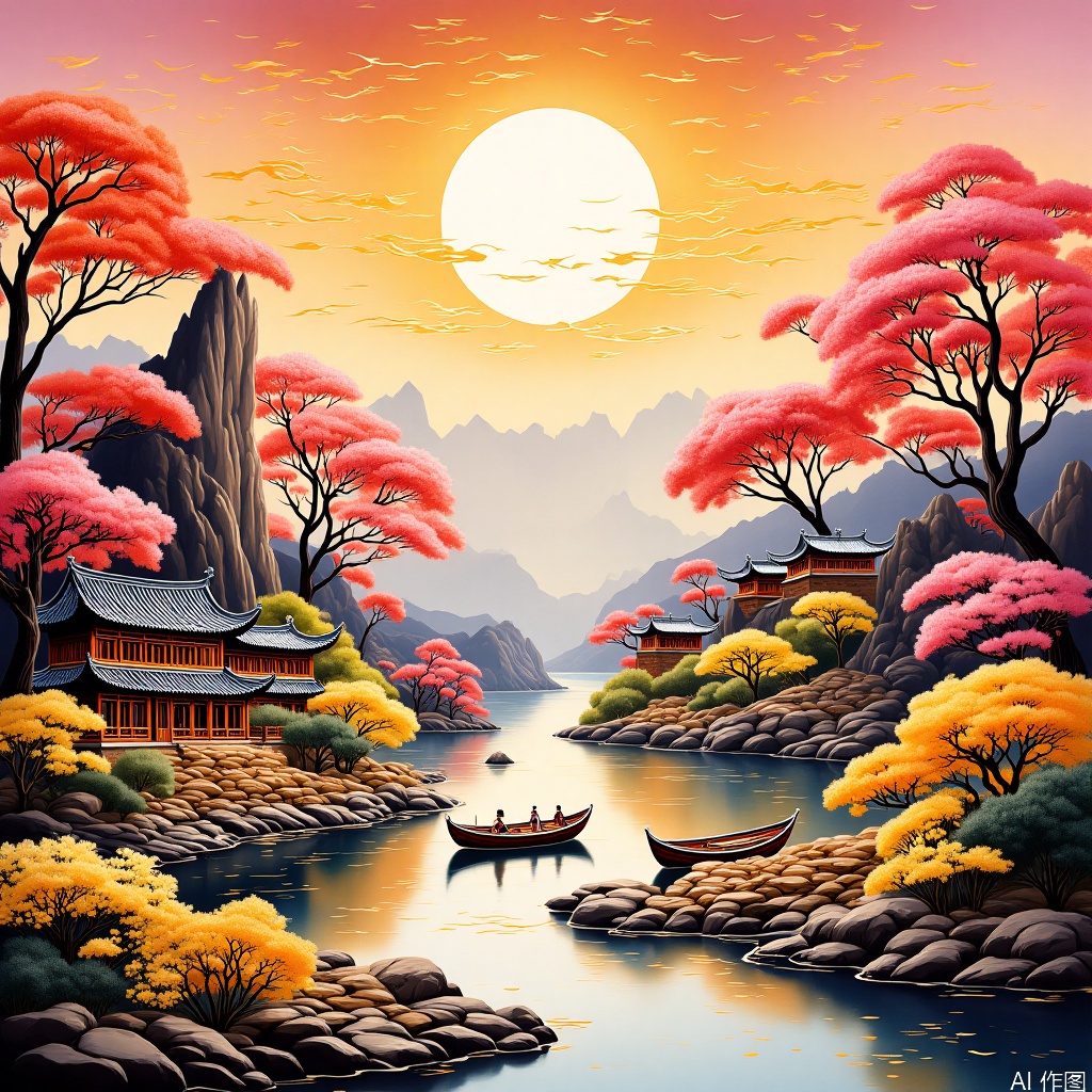 ,Dopamine city,Chinese painting in pink main tone,Colorful crystal process,inset,Gold leaf landscape painting