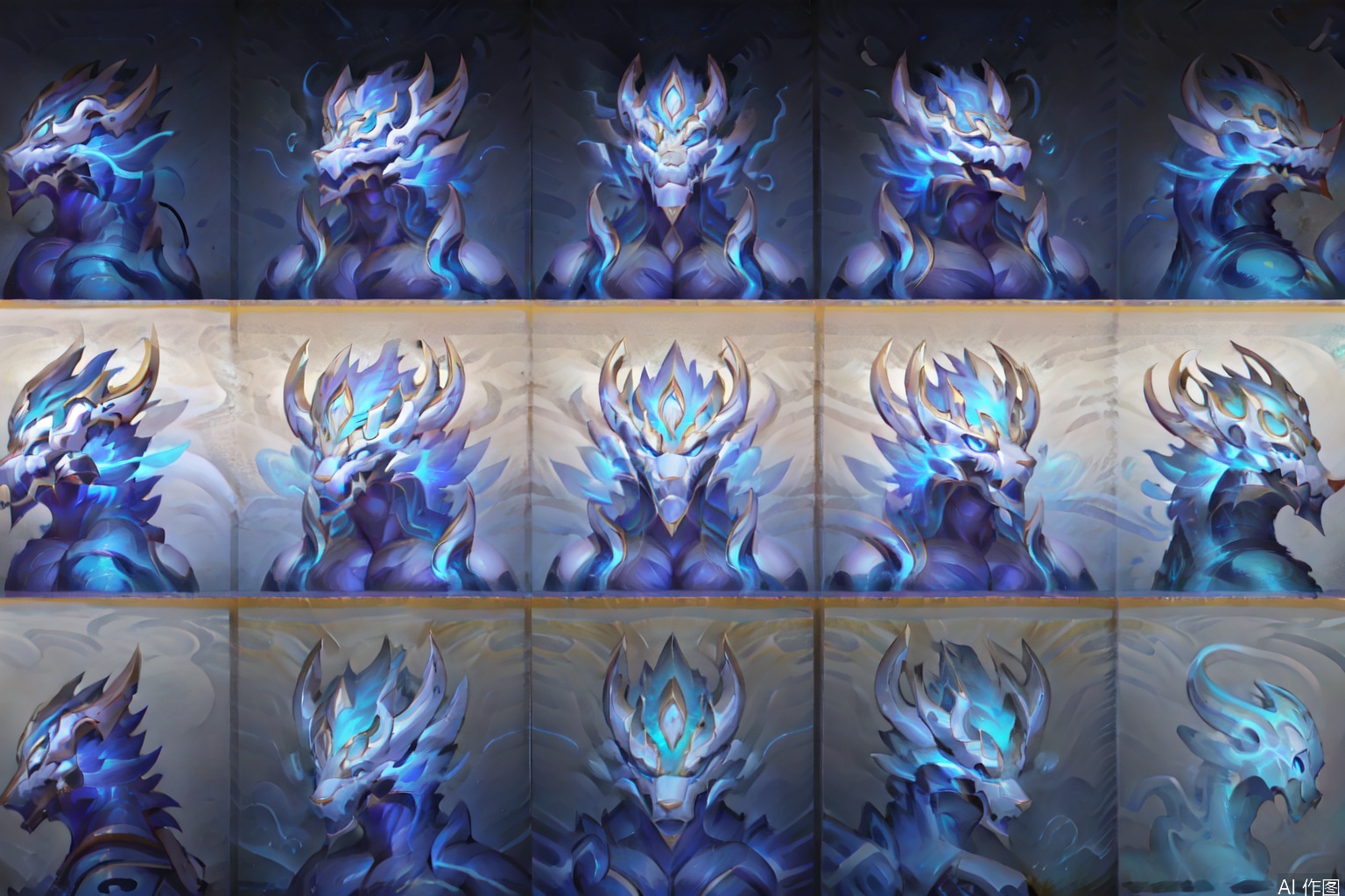 solo,  only the head, 1boy, character:AurelionSol, golden circular heavy pupils, white hair, male focus, horns, blue  eyes, muscular, thick eyebrows, pectorals, muscular male, bara, furry, wading, large pectorals, furry male,  Multiple perspectives, dragon boy
