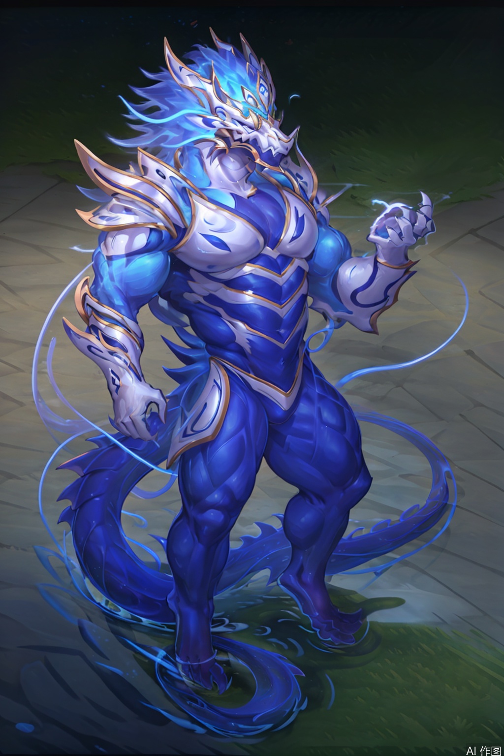solo, looking at viewer, short hair, 1boy, dragon ears, male focus, cape, armor, muscular, feet out of frame, glowing, pectorals, muscular male, shoulder armor, water, glowing eyes, furry,dragon furry, large pectorals, furry male, dragon,character:AurelionSol