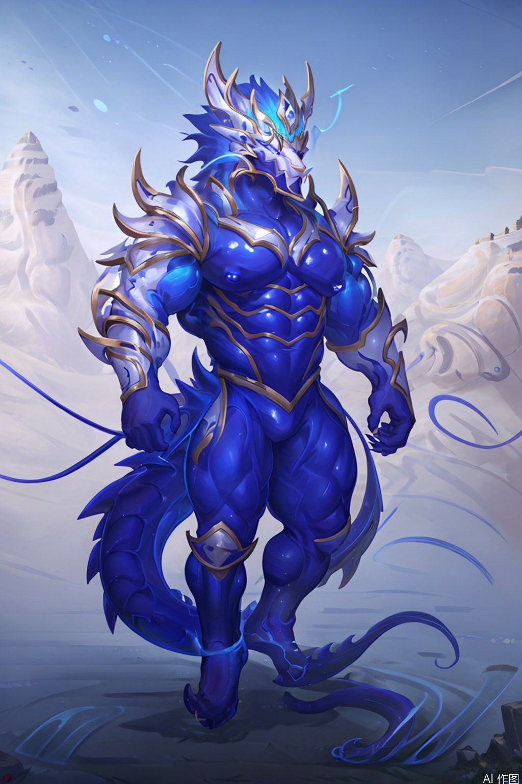 solo, looking at viewer, short hair, 1boy, dragon ears, male focus, cape, armor, muscular, feet out of frame, glowing, pectorals, muscular male, shoulder armor, water, glowing eyes, furry,dragon furry, large pectorals, furry male, dragon,character:AurelionSol