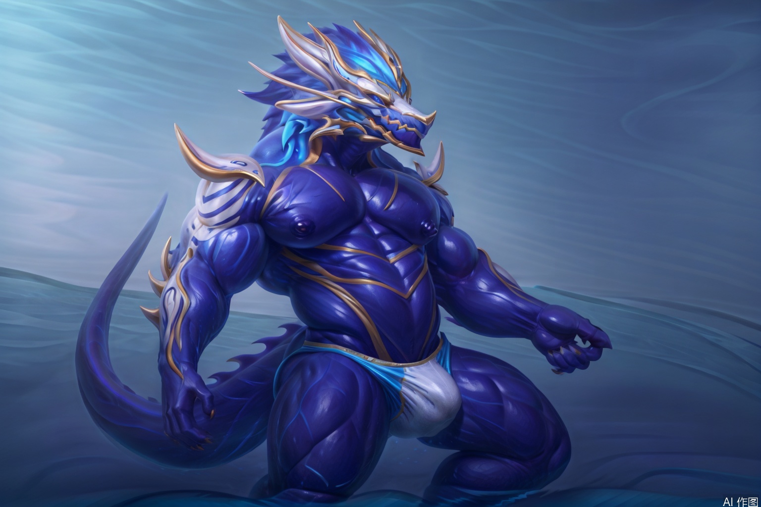 solo, looking at viewer, smile, 1boy, navel, animal ears, nipples, tail, male focus, medium hair, water, stomach, muscular, abs, pectorals, muscular male, goggles, bara, furry, large pectorals, bulge, topless male, furry male, white fur, male swimwear, navel hair, swim trunks, swim briefs, dragon boy,dragon furry,character:AurelionSol