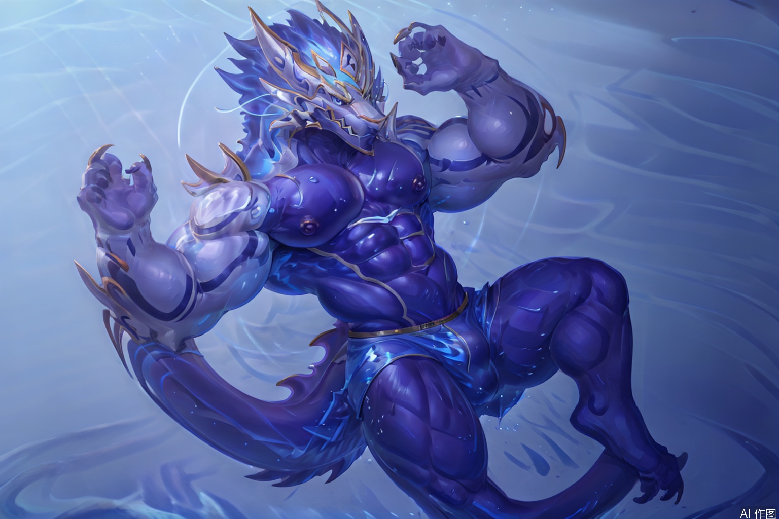 solo, looking at viewer, smile, 1boy, navel, animal ears, nipples, tail, male focus, medium hair, water, stomach, muscular, abs, pectorals, muscular male, goggles, bara, furry, large pectorals, bulge, topless male, furry male, white fur, male swimwear, navel hair, swim trunks, swim briefs, dragon boy,dragon furry,character:AurelionSol