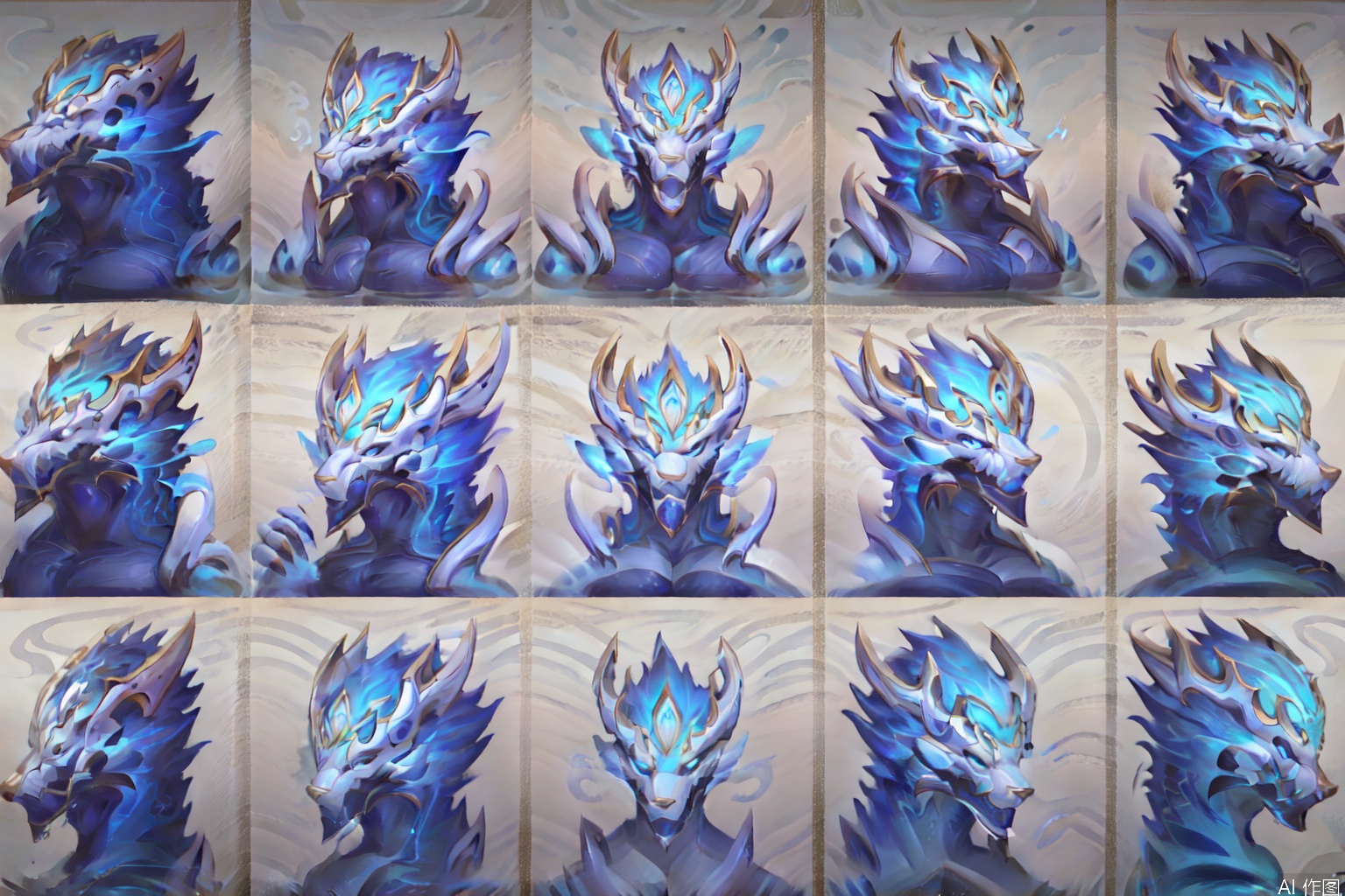 solo,  only the head, 1boy, character:AurelionSol, golden circular heavy pupils, white hair, male focus, horns, blue  eyes, muscular, thick eyebrows, pectorals, muscular male, bara, furry, wading, large pectorals, furry male,  Multiple perspectives, dragon boy