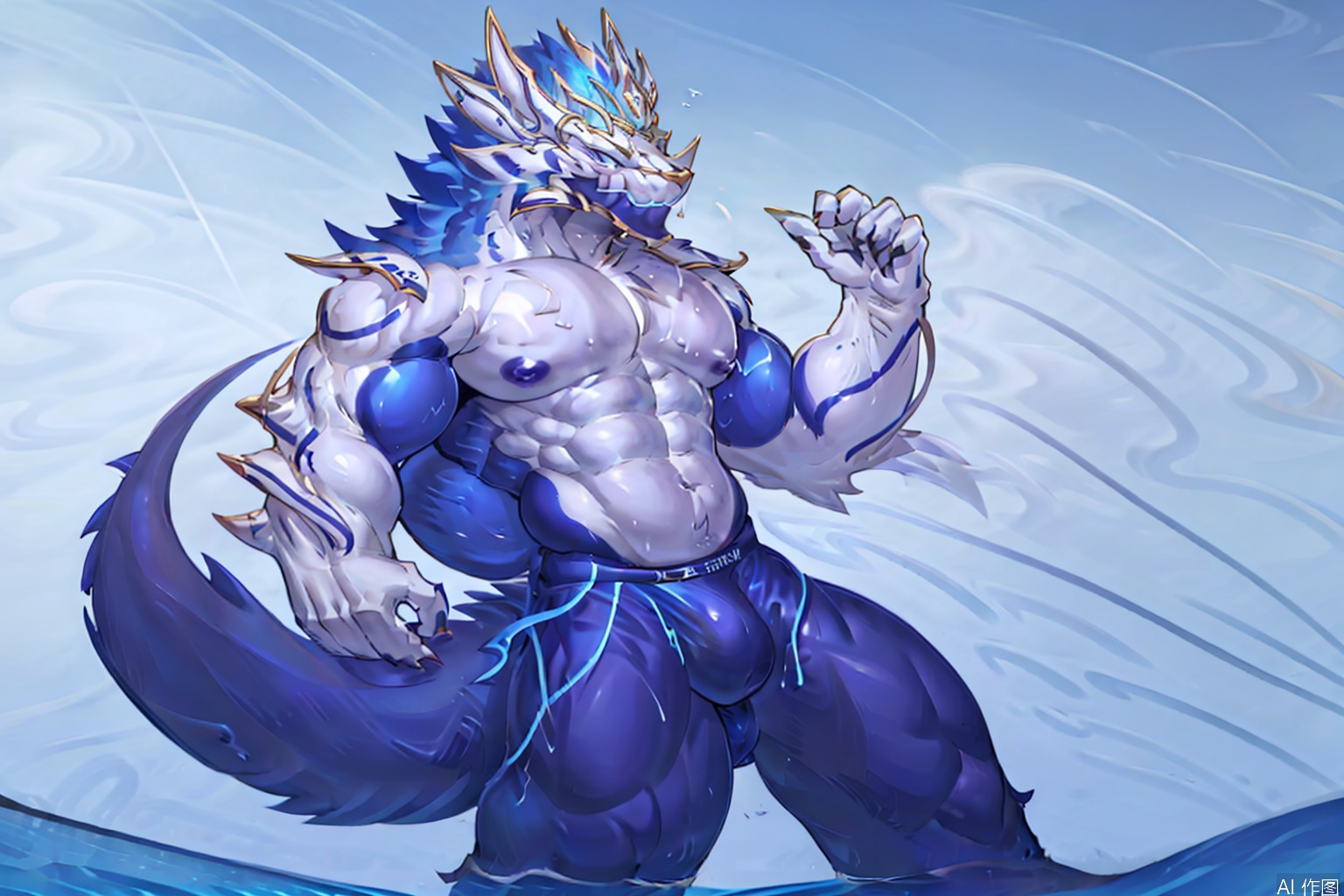 solo, looking at viewer, smile, 1boy, navel, animal ears, nipples, tail, male focus, medium hair, water, stomach, muscular, abs, pectorals, muscular male, goggles, bara, furry, large pectorals, bulge, topless male, furry male, white fur, male swimwear, navel hair, swim trunks, swim briefs, dragon boy,dragon furry,character:AurelionSol