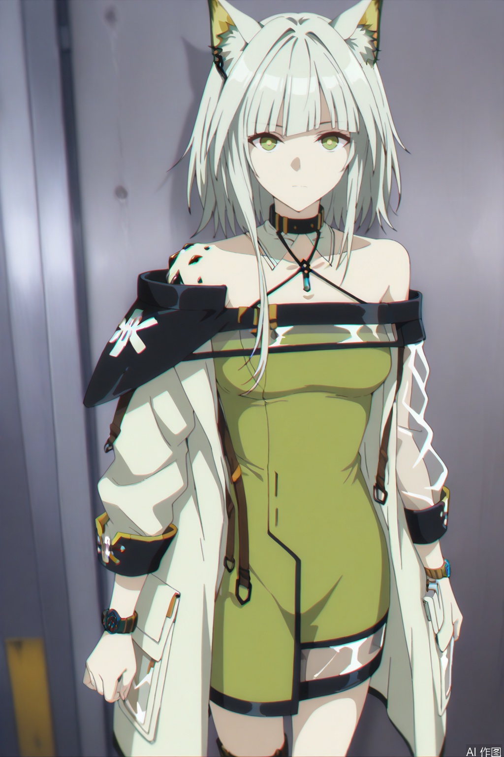 kal'tsit (arknights),ANIME_STYLE,animal ear fluff,Animal ears,short hair,blunt bangs,sidelocks,bangs,green eyes,boots,green hair,cat ears,oripathy lesion \(arknights\),long sleeves,jewelry,off shoulder,bare shoulders,coat,see-through,halterneck,brown footwear,green dress,watch,off-shoulder dress,wristwatch,