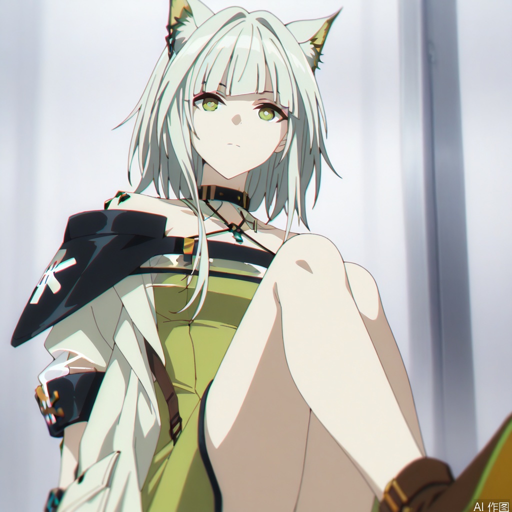 kal'tsit (arknights),ANIME_STYLE,animal ear fluff,Animal ears,short hair,blunt bangs,sidelocks,bangs,green eyes,boots,green hair,cat ears,oripathy lesion \(arknights\),long sleeves,jewelry,off shoulder,bare shoulders,coat,see-through,halterneck,brown footwear,green dress,watch,off-shoulder dress,wristwatch,