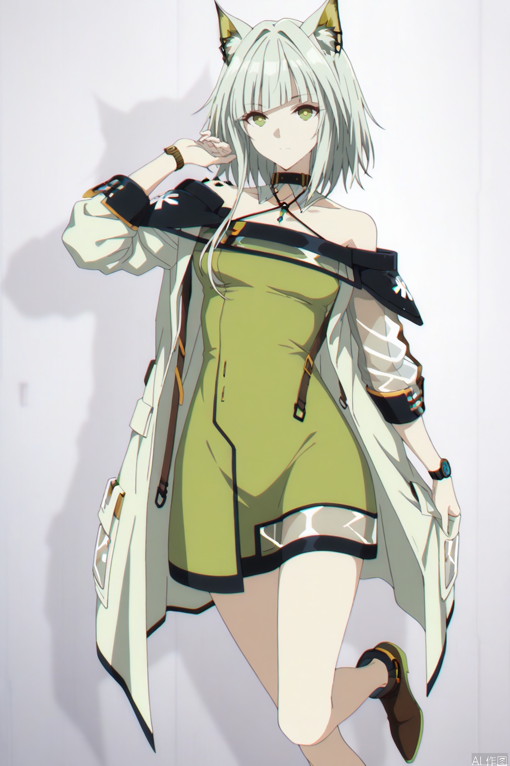 kal'tsit (arknights),ANIME_STYLE,animal ear fluff,Animal ears,short hair,blunt bangs,sidelocks,bangs,green eyes,boots,green hair,cat ears,oripathy lesion \(arknights\),long sleeves,jewelry,off shoulder,bare shoulders,coat,see-through,halterneck,brown footwear,green dress,watch,off-shoulder dress,wristwatch,
