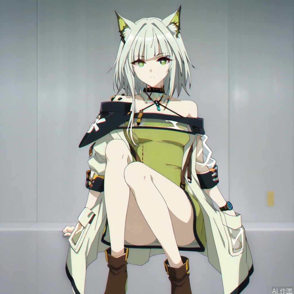 kal'tsit (arknights),ANIME_STYLE,animal ear fluff,Animal ears,short hair,blunt bangs,sidelocks,bangs,green eyes,boots,green hair,cat ears,oripathy lesion \(arknights\),long sleeves,jewelry,off shoulder,bare shoulders,coat,see-through,halterneck,brown footwear,green dress,watch,off-shoulder dress,wristwatch,