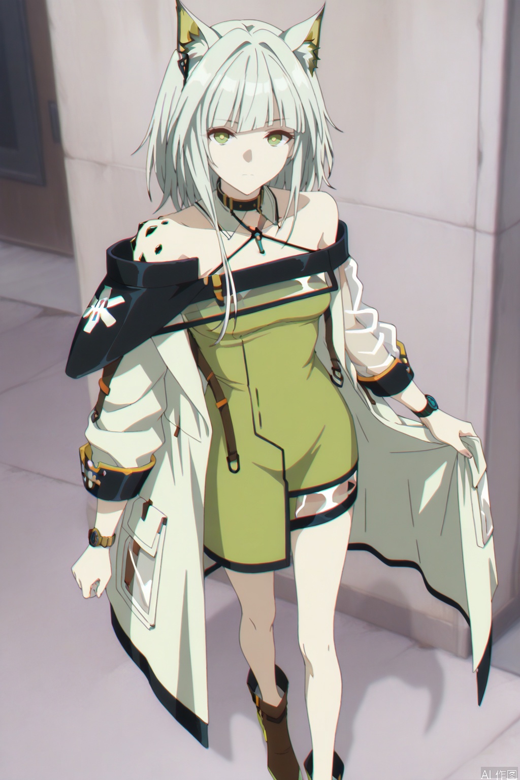 kal'tsit (arknights),ANIME_STYLE,animal ear fluff,Animal ears,short hair,blunt bangs,sidelocks,bangs,green eyes,boots,green hair,cat ears,oripathy lesion \(arknights\),long sleeves,jewelry,off shoulder,bare shoulders,coat,see-through,halterneck,brown footwear,green dress,watch,off-shoulder dress,wristwatch,