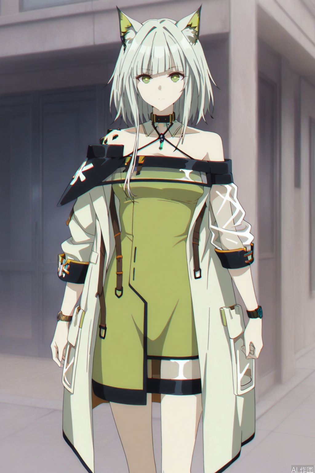 kal'tsit (arknights),ANIME_STYLE,animal ear fluff,Animal ears,short hair,blunt bangs,sidelocks,bangs,green eyes,boots,green hair,cat ears,oripathy lesion \(arknights\),long sleeves,jewelry,off shoulder,bare shoulders,coat,see-through,halterneck,brown footwear,green dress,watch,off-shoulder dress,wristwatch,
