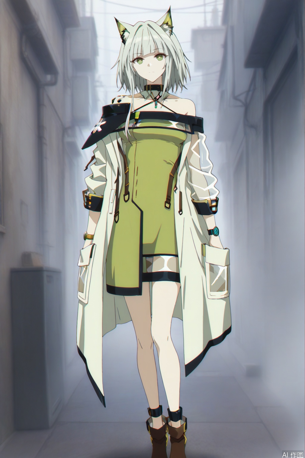 kal'tsit (arknights),ANIME_STYLE,animal ear fluff,Animal ears,short hair,blunt bangs,sidelocks,bangs,green eyes,boots,green hair,cat ears,oripathy lesion \(arknights\),long sleeves,jewelry,off shoulder,bare shoulders,coat,see-through,halterneck,brown footwear,green dress,watch,off-shoulder dress,wristwatch,