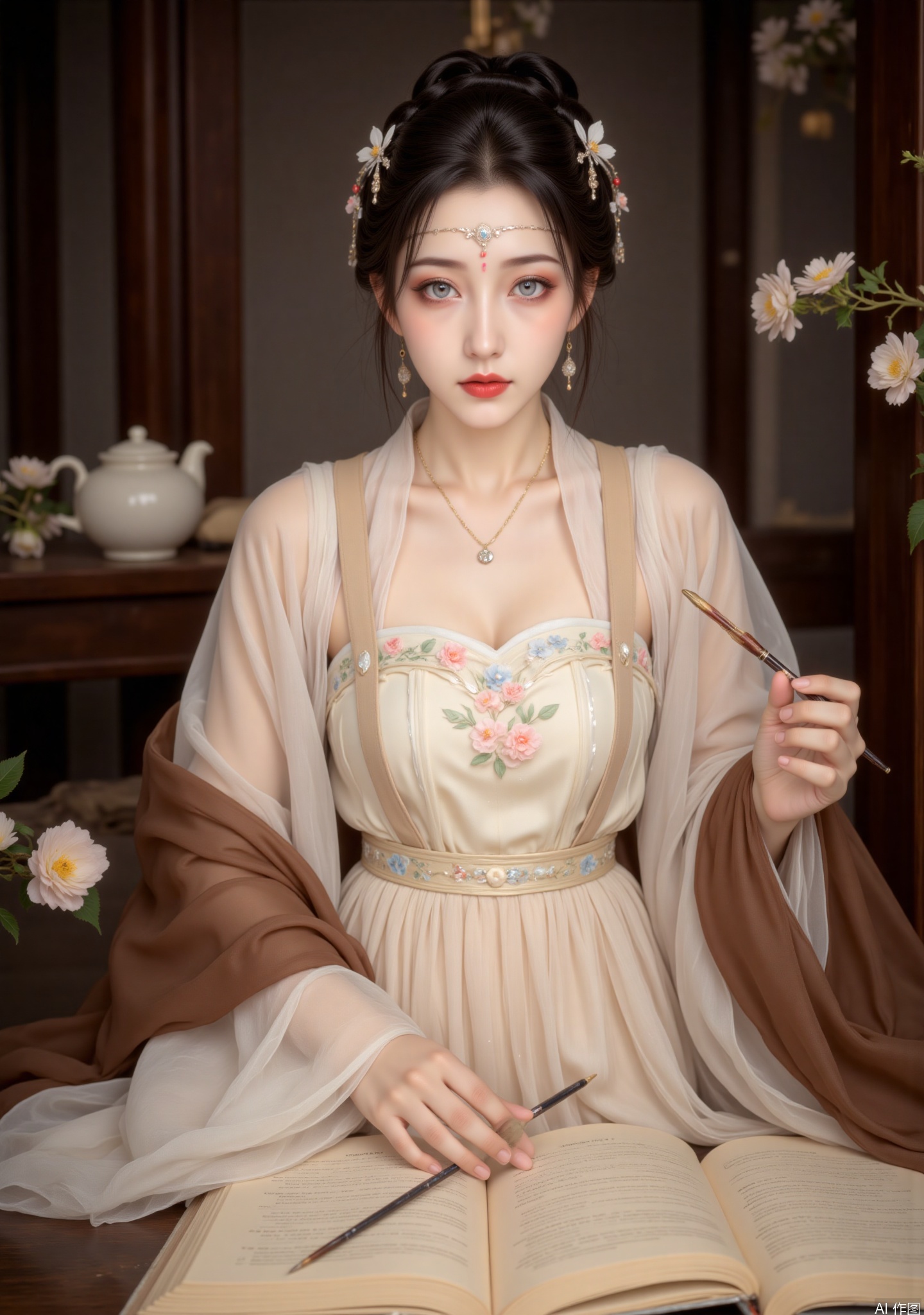 The picture shows a woman dressed in classical and elegant style. Her hair was carefully coiled up, and she wore a hair accessories decorated with flowers. She wore a delicate forehead ornament on her forehead. Her makeup was delicate and her blue eyes were particularly charming. She wore a light-colored suspender skirt with floral patterns, a light white gauze dress on the outside and brown fabric on her shoulders. She held a brush in her hand and placed one hand on the opened ancient books. There was a white teapot on the table. The lights in the background were soft, with white flowers and wooden furnishings, creating a gentle and quiet classical atmosphere as a whole, as if she was a talented woman reciting poems and paintings in the study.
