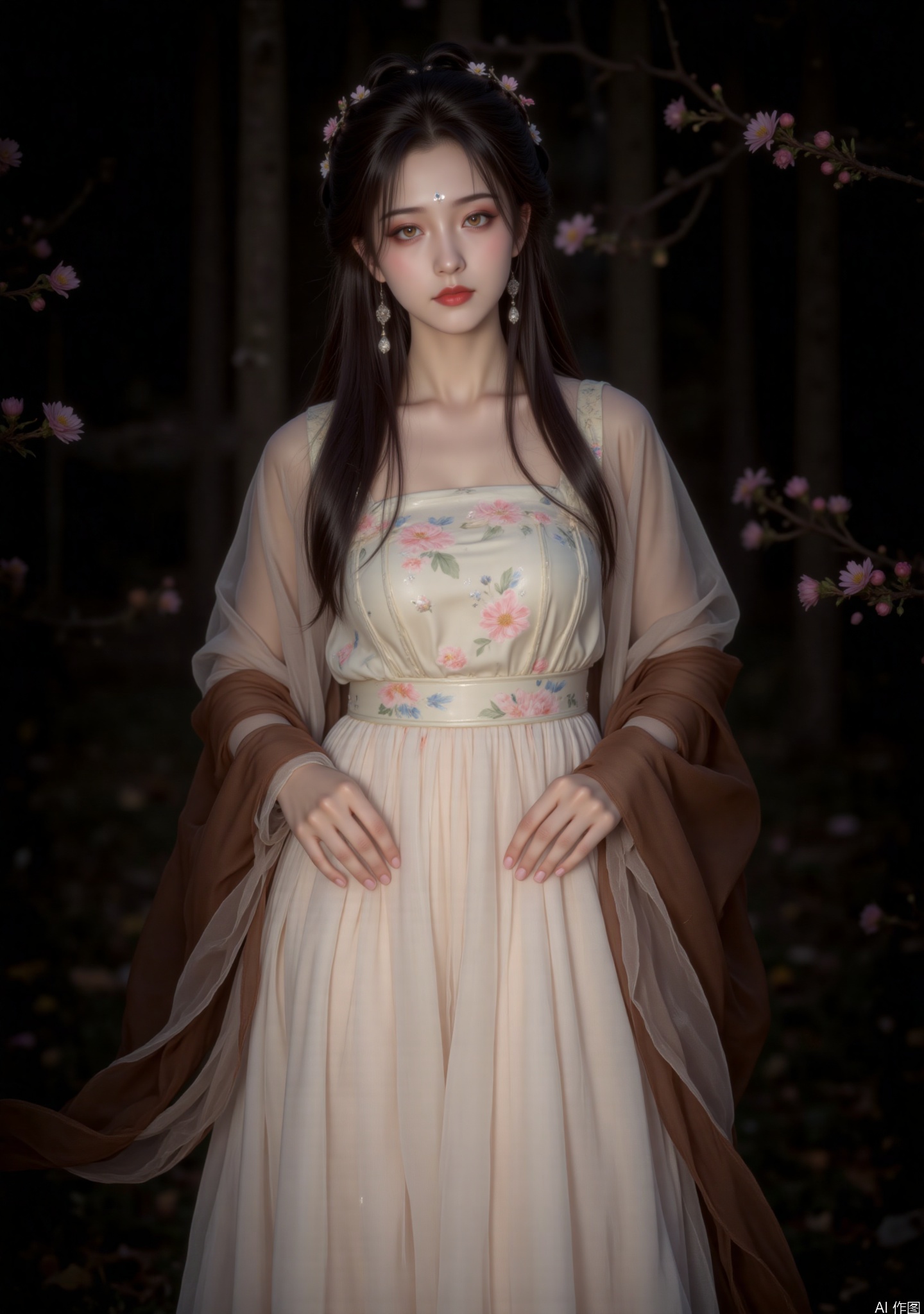 "The picture shows a woman in classical and elegant style. She has long black hair, long hair flying and free and easy temperament. Her makeup is exquisite and her amber eyes are particularly charming. She is wearing a light-colored suspender dress with floral patterns, a light white tulle dress on her shoulders, and a brown fabric over her shoulders.

She stood quietly, her body straight, her hands drooped naturally, her head slightly raised, her eyes were calm and deep, and her overall posture was dignified, giving people a feeling of ethereal and tranquility.

The picture uses dark background light, which is soft and hazy, mainly concentrated on the characters, forming a clear contrast of light and darkness, highlighting the main body of the characters. The glimmer of light shines on the hair and the hem of the skirt, creating a mysterious and dreamy atmosphere.

It is a realistic style, and the facial details of the characters, the texture of the hair, the texture of the clothes are delicately portrayed, and the texture of the clothes is excellent. The picture is harmoniously matched, and the overall appearance presents a surreal beauty.

The background is a forest in the night, with light pink flowers blooming on the branches. The blurred dark background forms a sharp contrast with the characters, setting off the freshness and purity of the characters and adding the romance and mystery of the picture. "