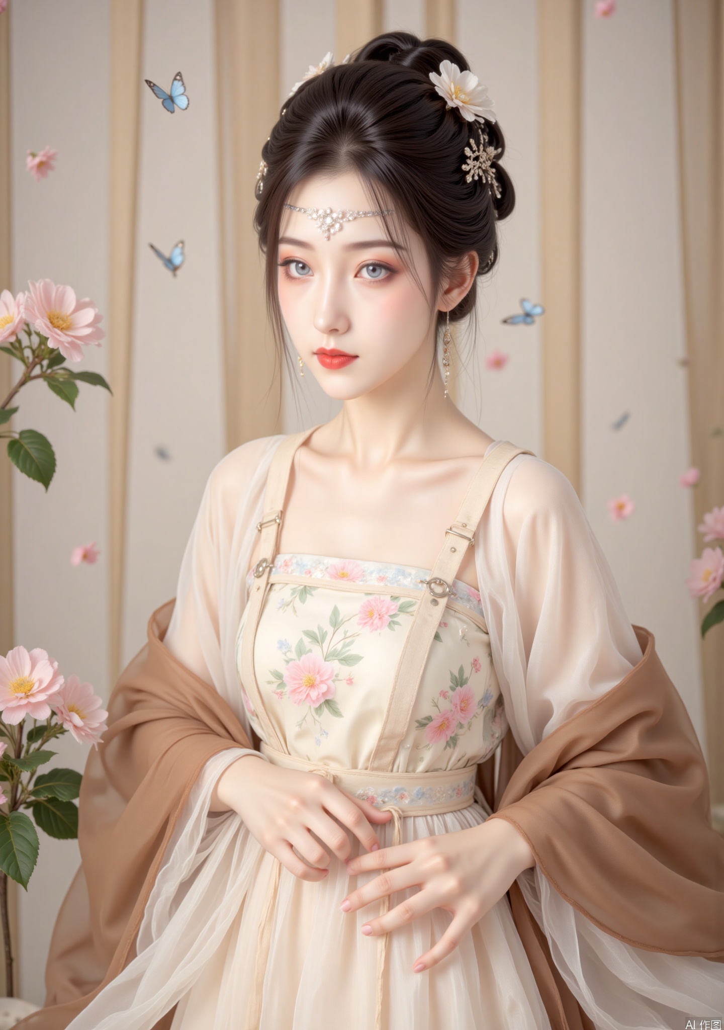 The picture shows a woman in classical and elegant style clothing. Her hair was carefully coiled up and she wore a hair accessories decorated with flowers. There was a delicate forehead ornament on her forehead. Her makeup is exhaust and her blue eyes are particularly charming. She wore a light-colored suspender dress with floral patterns, a light white tulle dress on her shoulders, and brown fabric over her shoulders. She held a folding fan with floral patterns in her elegant posture. There are soft gauze curtains in the background, with pink and white flowers dotted beside them, and a few blue butterflies flying, creating a classical and beautiful atmosphere.
