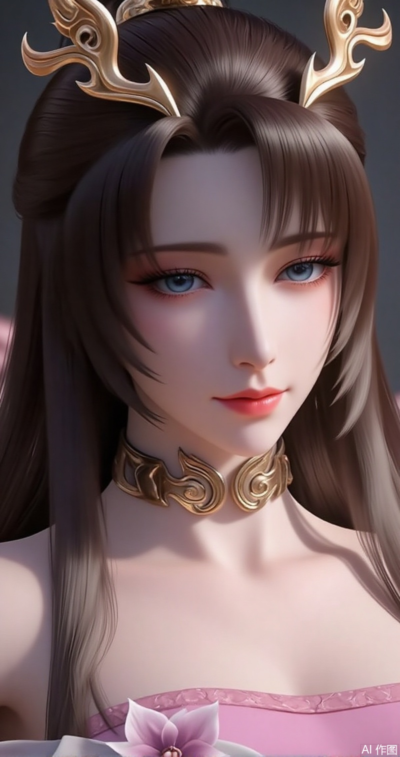 lvjing,baoshi,tianhuxianzi,1girl, solo, dress, brown hair, upper body, long hair, flower, hair ornament, white dress, closed mouth, blue eyes, metal collar, bare shoulders, pink dress, blurry background,6,cover,simple background,gradient background,close-up details,outstanding style,adding a touch of dimension to your images without compromising details,close-up