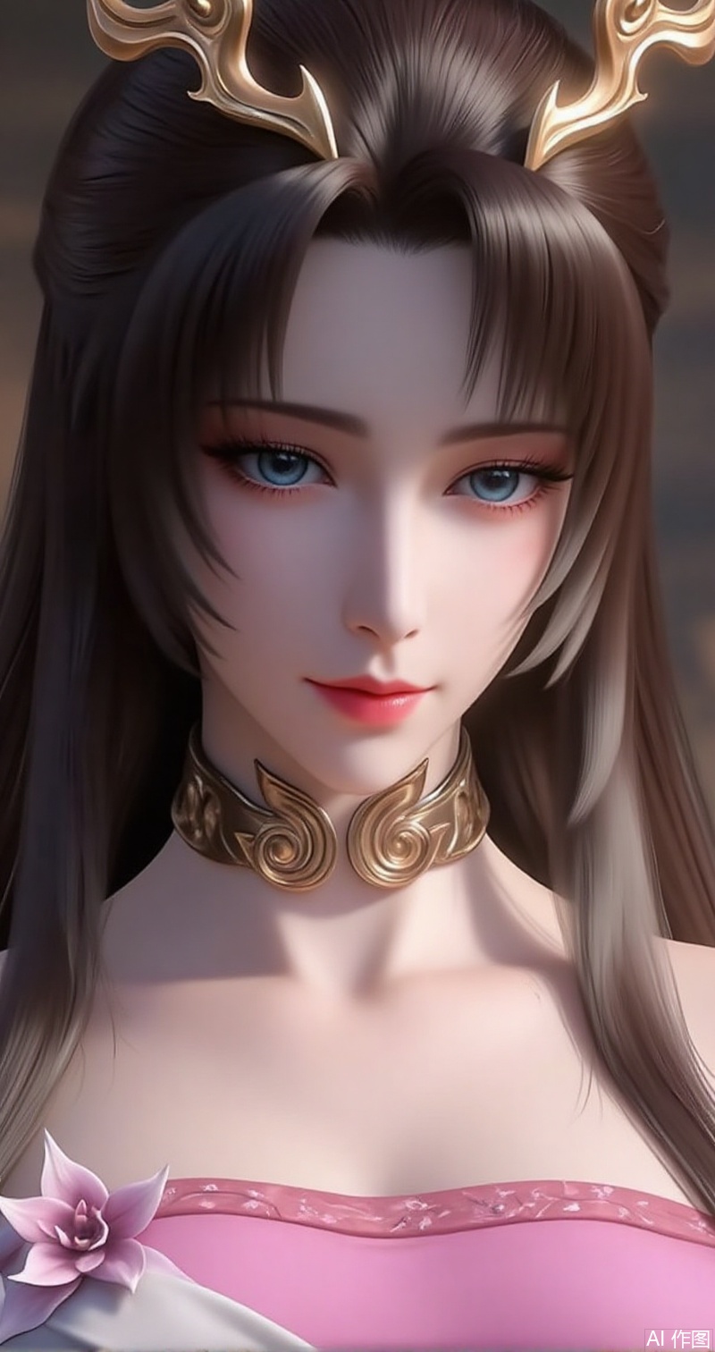 lvjing,baoshi,tianhuxianzi,1girl, solo, dress, brown hair, upper body, long hair, flower, hair ornament, white dress, closed mouth, blue eyes, metal collar, bare shoulders, pink dress, blurry background,6,cover,simple background,gradient background,close-up details,outstanding style,adding a touch of dimension to your images without compromising details,close-up