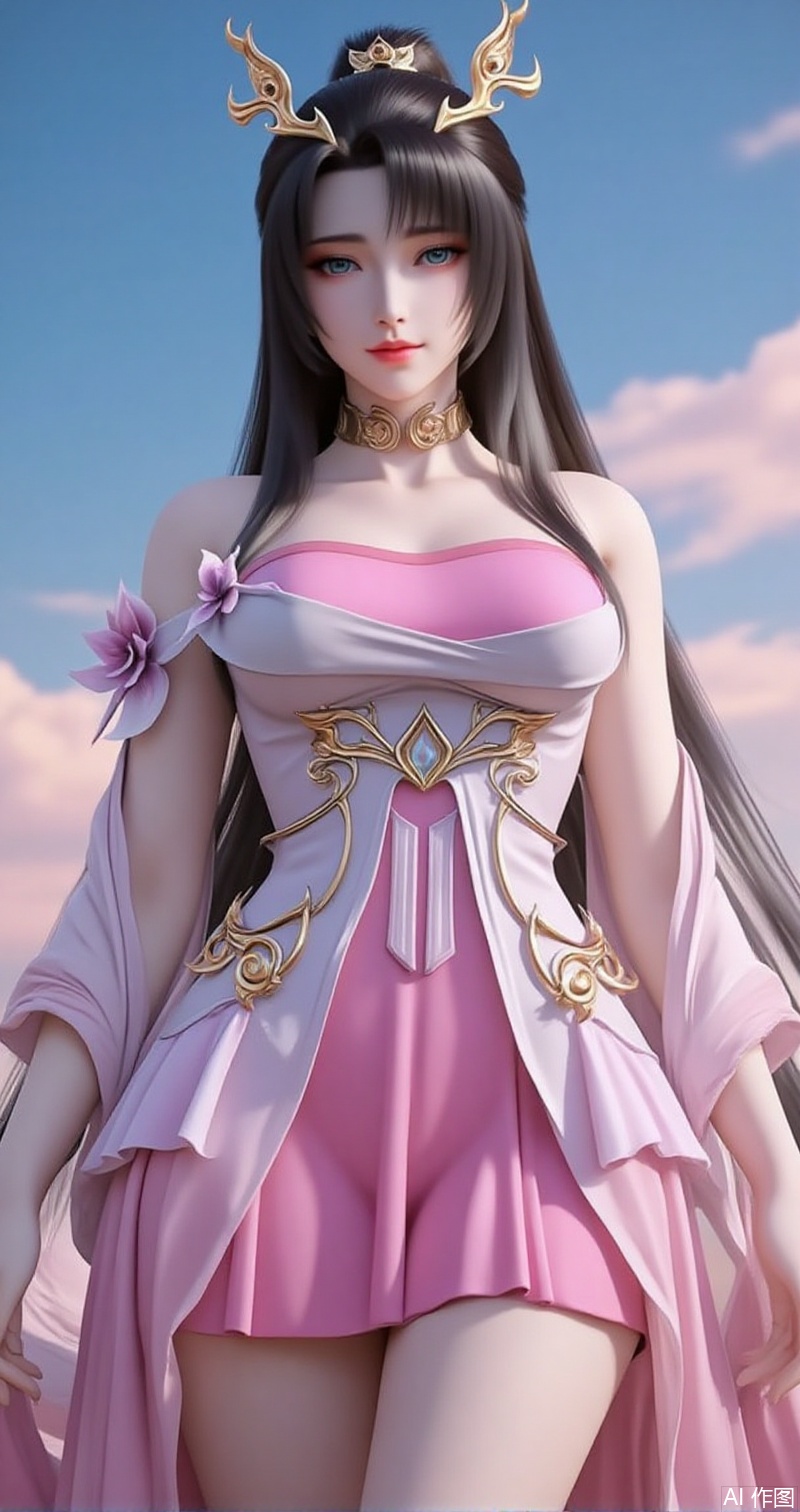 lvjing,baoshi,tianhuxianzi,1girl,solo,dress,long hair,hair ornament,sky,black hair,pink dress,cloud,bare shoulders,detached sleeves,skirt,5,cover,simple background,gradient background,close-up details,outstanding style,adding a touch of dimension to your images without compromising details,close-up