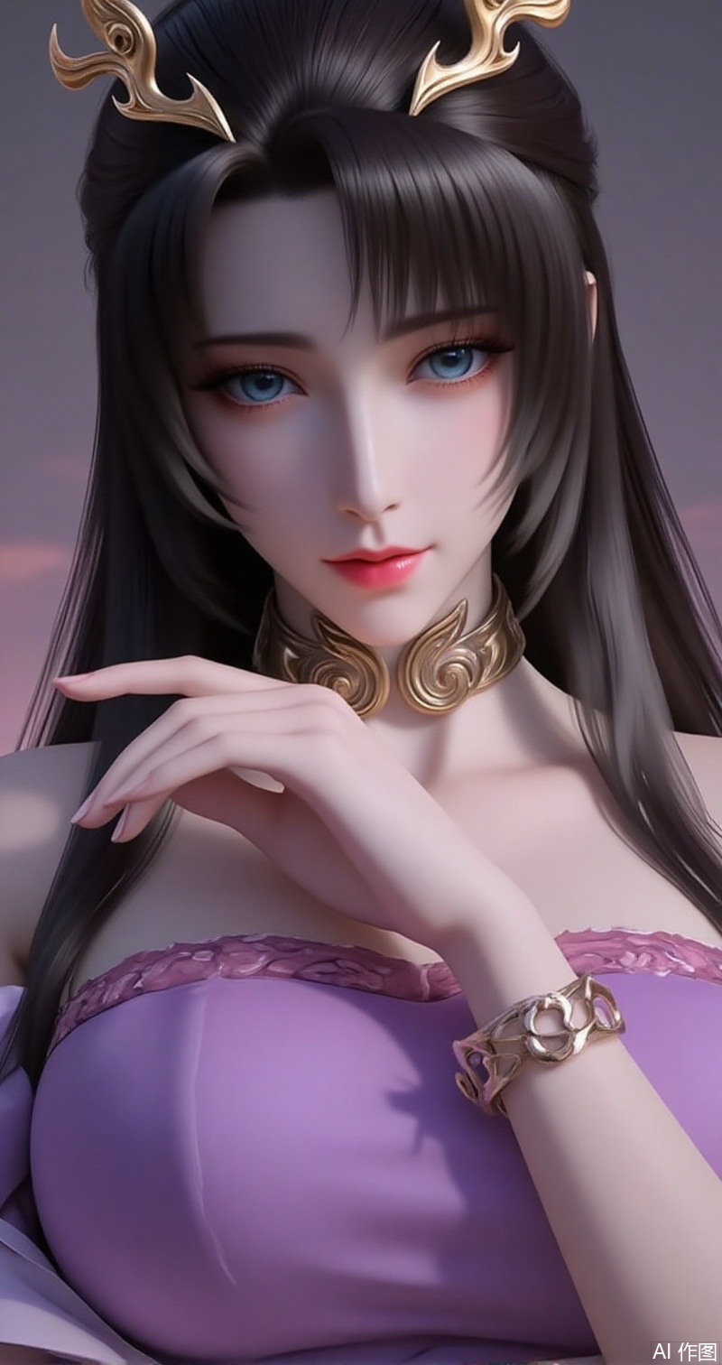 lvjing,baoshi,tianhuxianzi,1girl, solo, hair ornament, long hair, dress, blue eyes, upper body, looking at viewer, parted lips, black hair, purple dress, bracelet, collar,7,cover,simple background,gradient background,close-up details,outstanding style,adding a touch of dimension to your images without compromising details,close-up