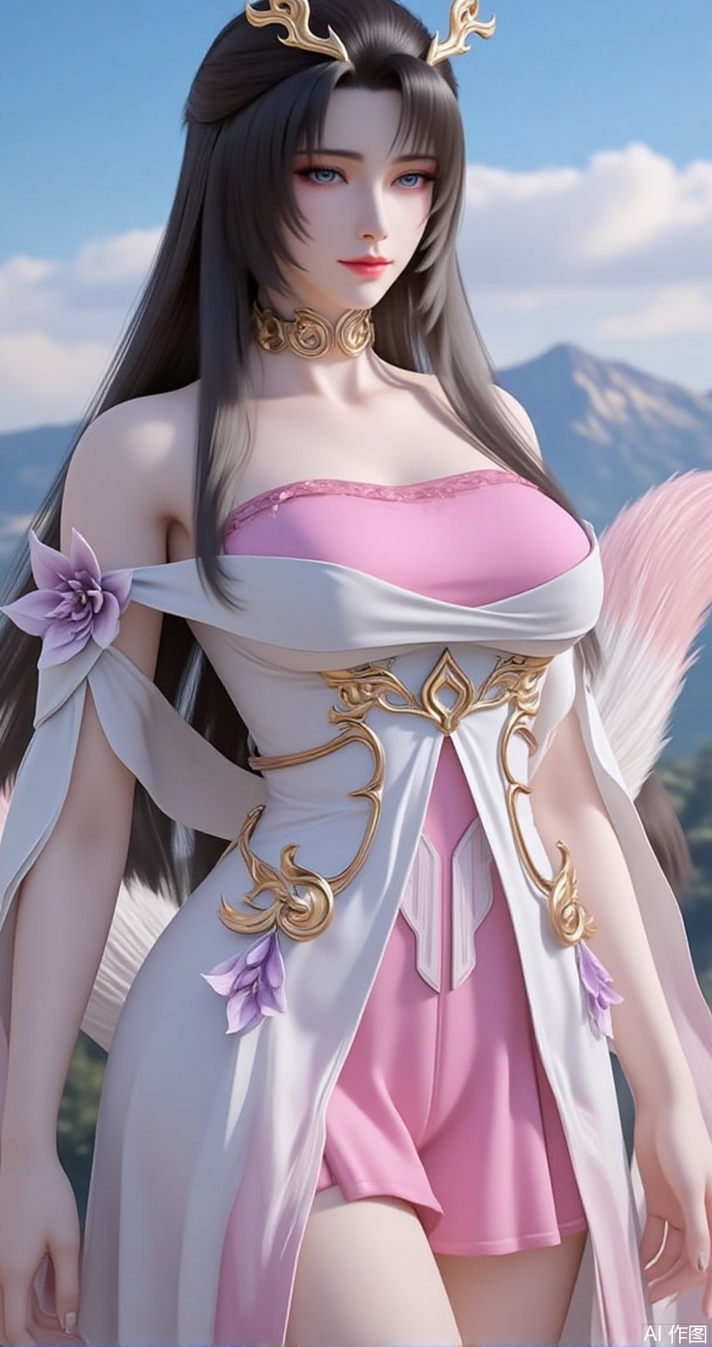 lvjing,baoshi,tianhuxianzi,1girl, solo, dress,  long hair, sky, hair ornament, mountain, cloud, white dress, pink dress, bare shoulders, brown hair, hagoromo, jewelry, facial mark, black hair,tail,cover,simple background,gradient background,close-up details,outstanding style,adding a touch of dimension to your images without compromising details,close-up