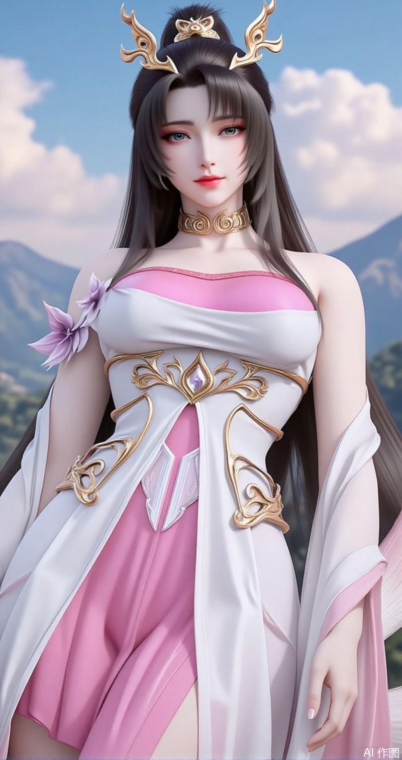 lvjing,baoshi,tianhuxianzi,1girl, solo, dress,  long hair, sky, hair ornament, mountain, cloud, white dress, pink dress, bare shoulders, brown hair, hagoromo, jewelry, facial mark, black hair,tail,cover,simple background,gradient background,close-up details,outstanding style,adding a touch of dimension to your images without compromising details,close-up