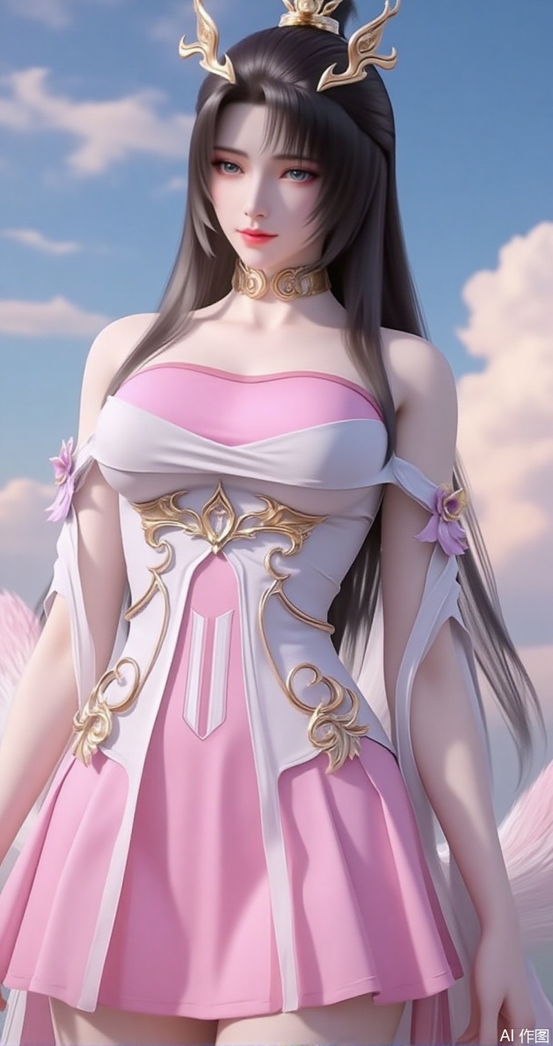lvjing,baoshi,tianhuxianzi,1girl, solo, dress, long hair, hair ornament, sky, black hair, pink dress, cloud, bare shoulders, detached sleeves, skirt,tails,cover,simple background,gradient background,close-up details,outstanding style,adding a touch of dimension to your images without compromising details,close-up