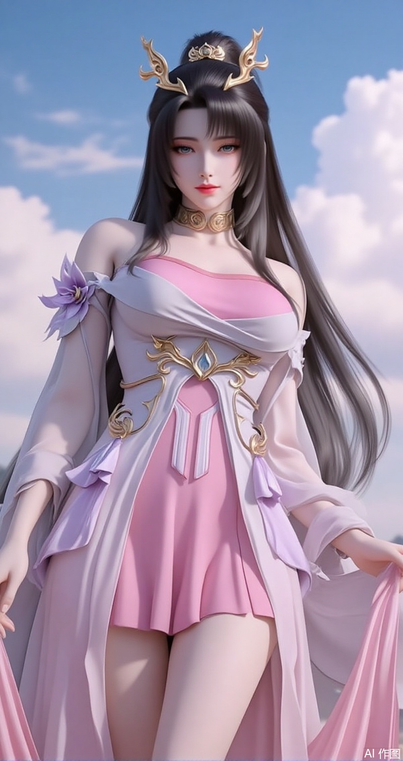 lvjing,baoshi,tianhuxianzi,1girl,solo,dress,long hair,hair ornament,sky,black hair,pink dress,cloud,bare shoulders,detached sleeves,skirt,5,cover,simple background,gradient background,close-up details,outstanding style,adding a touch of dimension to your images without compromising details,close-up