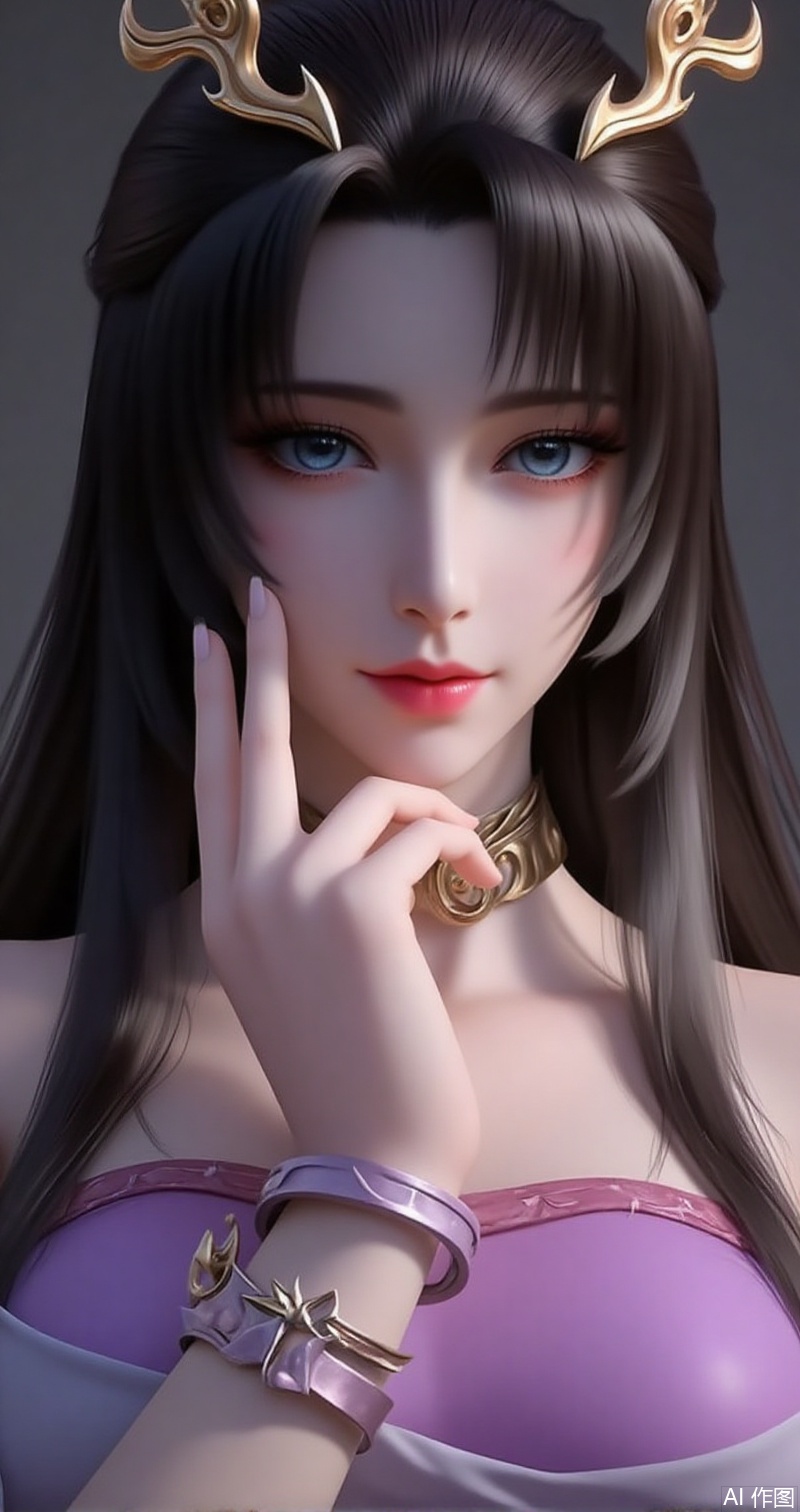 lvjing,baoshi,tianhuxianzi,1girl, solo, hair ornament, long hair, dress, blue eyes, upper body, looking at viewer, parted lips, black hair, purple dress, bracelet, collar,7,cover,simple background,gradient background,close-up details,outstanding style,adding a touch of dimension to your images without compromising details,close-up