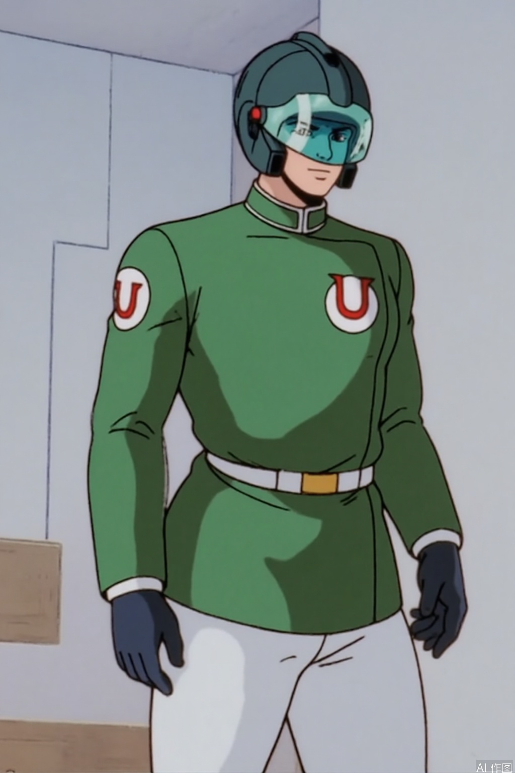 Ultra_Force,helmet,green jacket,collar,belt,logo,uniform,jacket,boots,emblem,pants,black footwear,white pants,