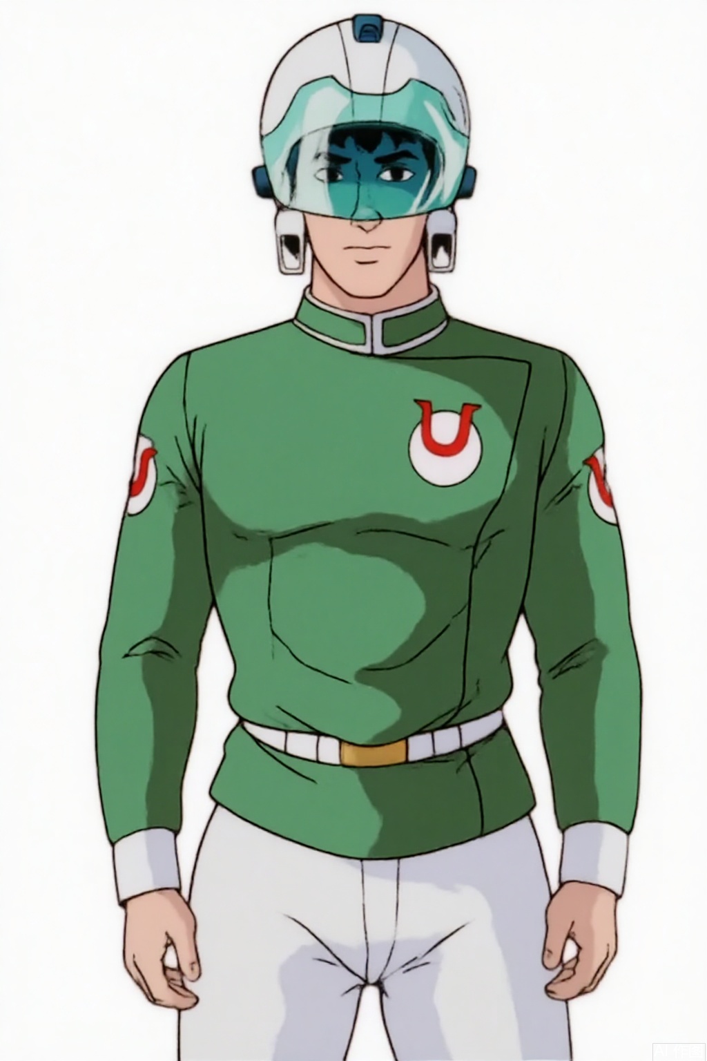 masterpiece, best quality,solo,(white background:1.2),simple background,
looking at viewer,Ultra_Force,helmet,green jacket,collar,belt,logo,uniform,jacket,boots,emblem,pants,black footwear,white pants