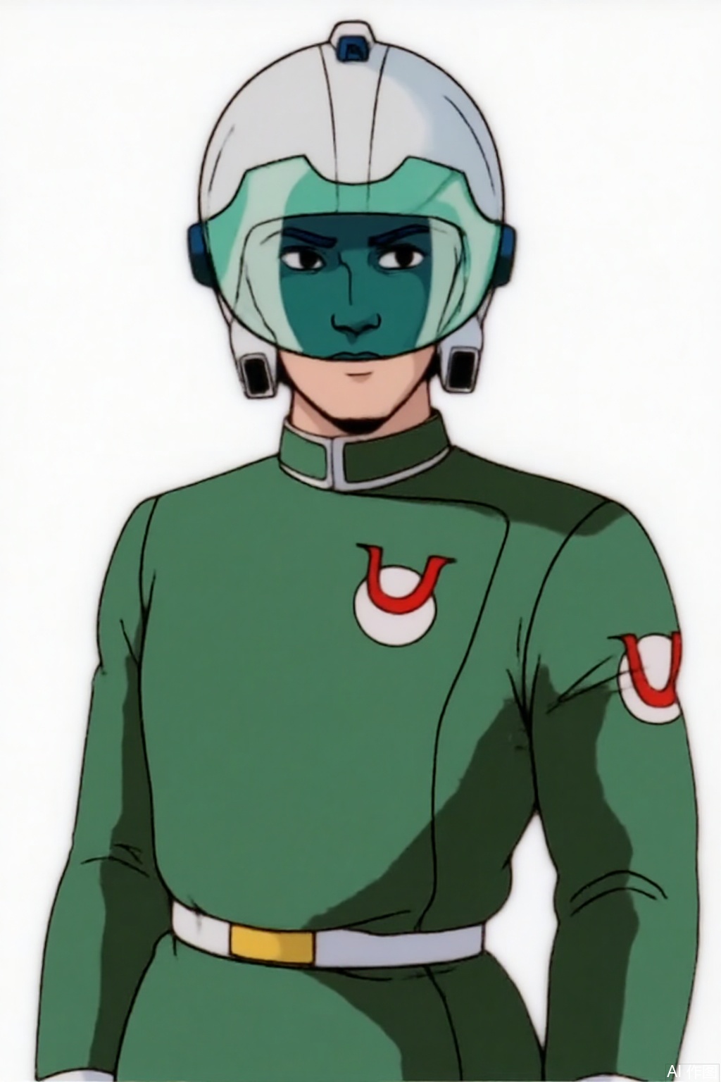 masterpiece, best quality,solo,(white background:1.2),simple background,
looking at viewer,Ultra_Force,helmet,green jacket,collar,belt,logo,uniform,emblem,white pants