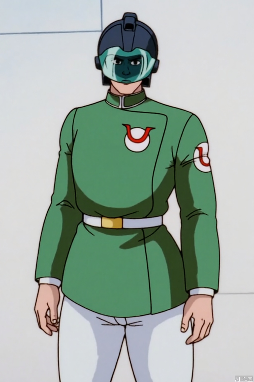 Ultra_Force,helmet,green jacket,collar,belt,logo,uniform,jacket,boots,emblem,pants,black footwear,white pants,