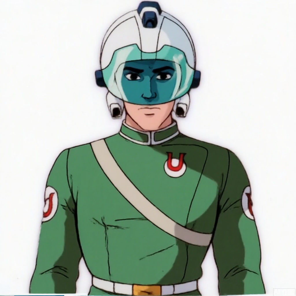 masterpiece, best quality,solo,(white background:1.2),simple background,
looking at viewer,Ultra_Force,helmet,green jacket,collar,belt,logo,uniform,jacket,boots,emblem,pants,black footwear,white pants