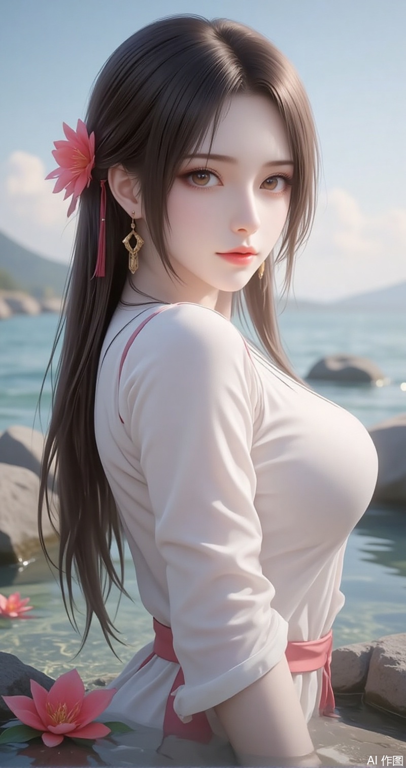 lvjing,baoshi,huolinger,1girl, flower, water, solo, hair ornament, long hair, rock, wet, earrings, jewelry, wet clothes, dress, looking at viewer, hair flower, upper body, white dress, brown hair, partially submerged, outdoors,2,
cover,simple background,gradient background,close-up details,outstanding style,adding a touch of dimension to your images without compromising details,close-up