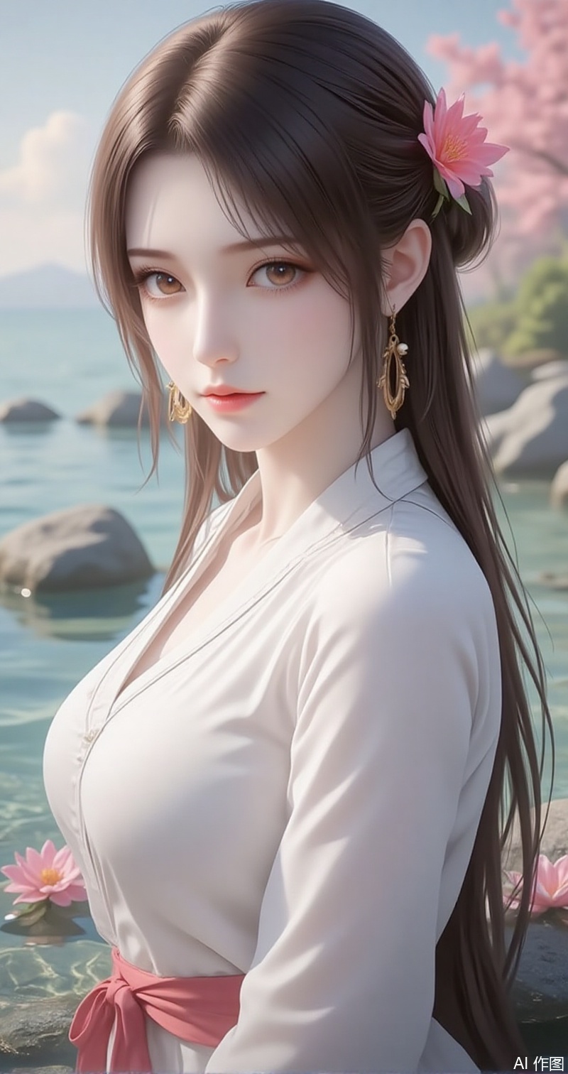 lvjing,baoshi,huolinger,1girl, flower, water, solo, hair ornament, long hair, rock, wet, earrings, jewelry, wet clothes, dress, looking at viewer, hair flower, upper body, white dress, brown hair, partially submerged, outdoors,2,
cover,simple background,gradient background,close-up details,outstanding style,adding a touch of dimension to your images without compromising details,close-up