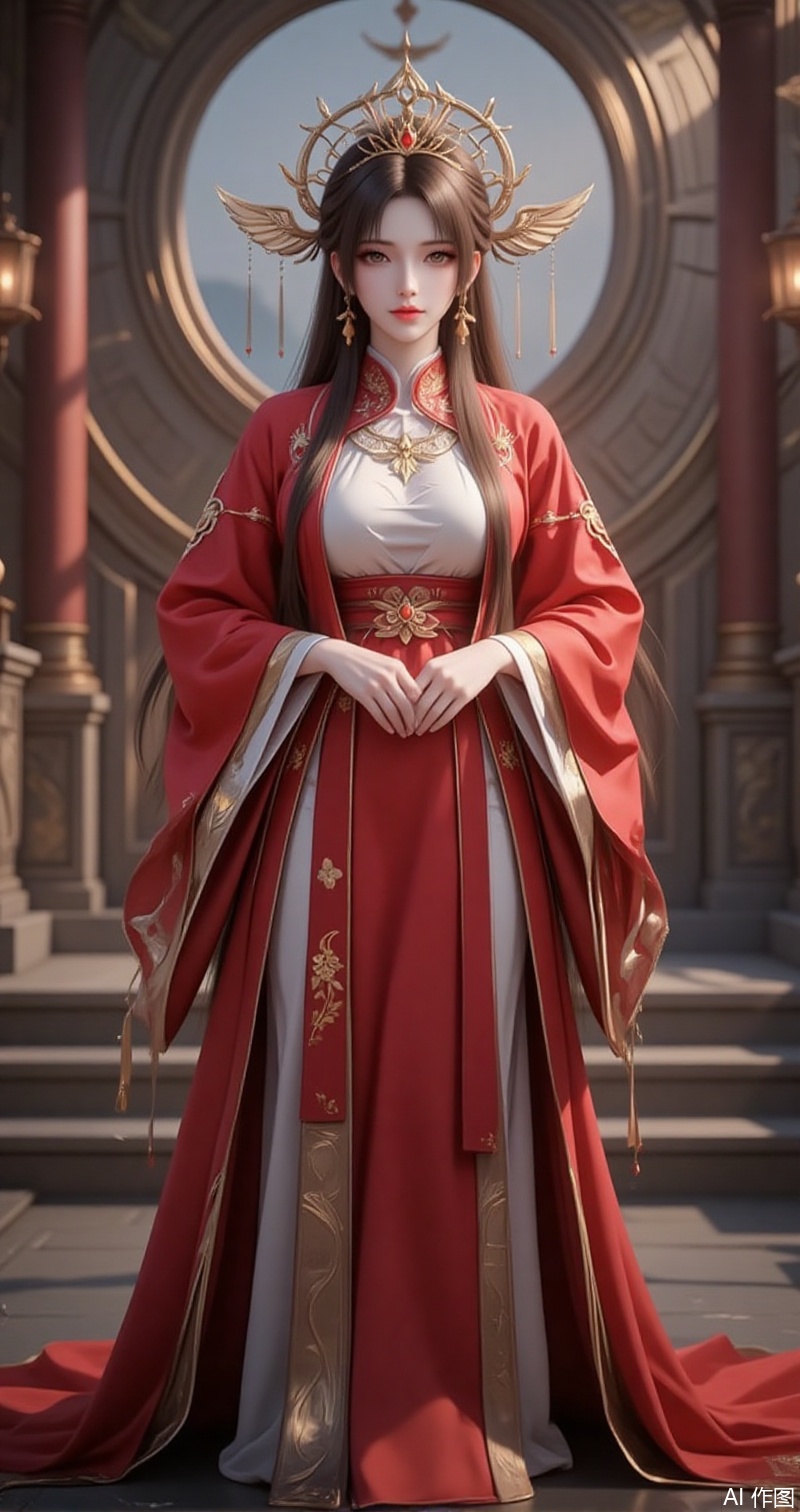 lvjing,baoshi,huolinger,1girl, solo, long hair, jewelry, earrings, stairs, full body, brown hair, dress, hair ornament, crown,chinese clothes, long sleeves, looking at viewer, standing, closed mouth, red dress,12,
cover,simple background,gradient background,close-up details,outstanding style,adding a touch of dimension to your images without compromising details,close-up