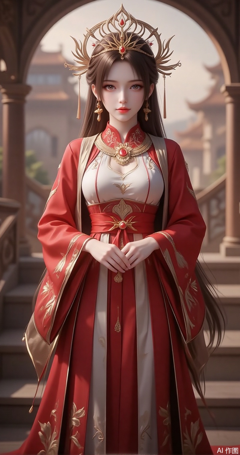 lvjing,baoshi,huolinger,1girl, solo, long hair, jewelry, earrings, stairs, full body, brown hair, dress, hair ornament, chinese clothes, crown,long sleeves, looking at viewer, standing, closed mouth, red dress,12,
cover,simple background,gradient background,close-up details,outstanding style,adding a touch of dimension to your images without compromising details,close-up