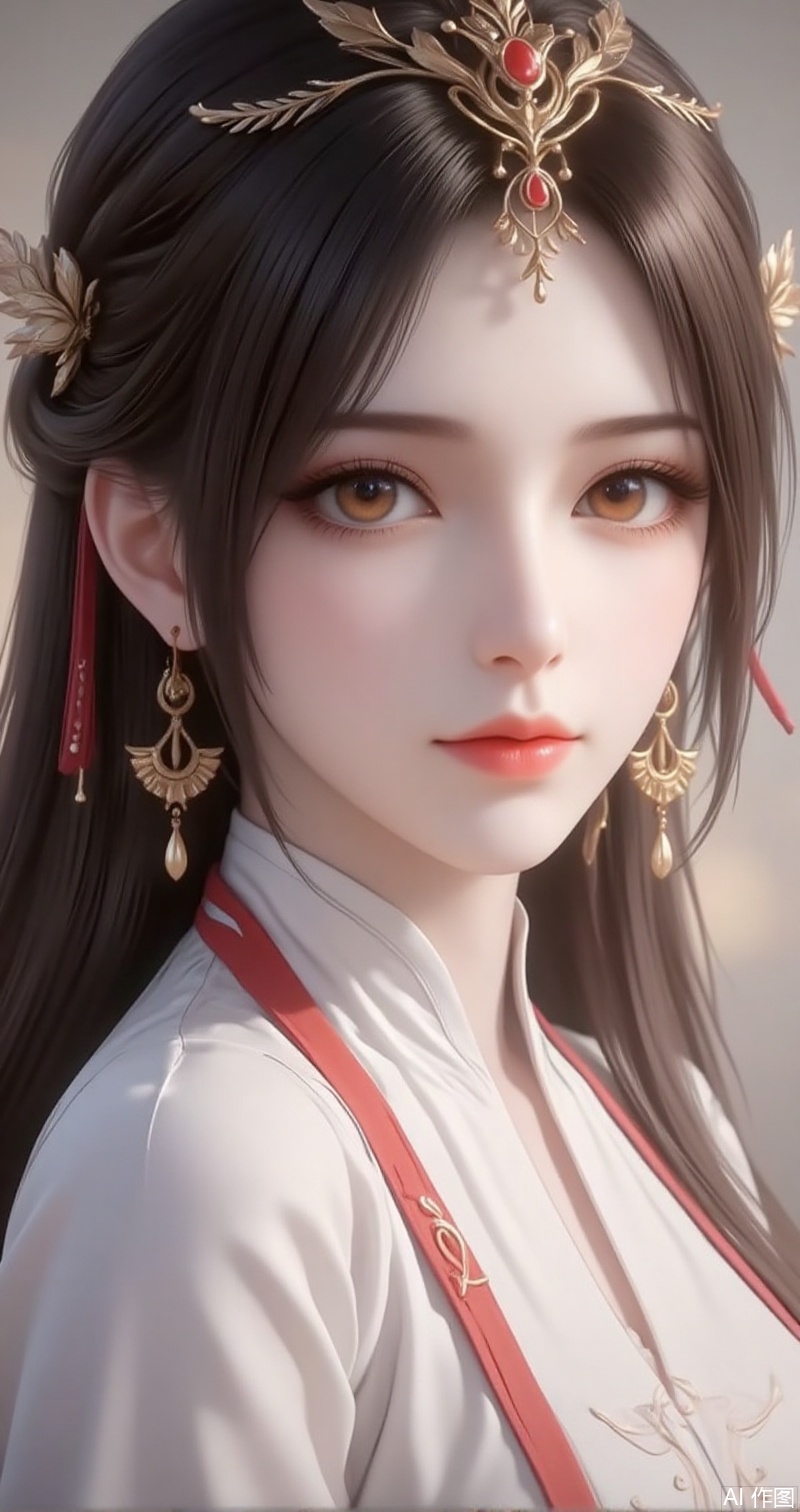 lvjing,baoshi,huolinger,1girl, solo, hair ornament, jewelry, long hair, brown hair, looking at viewer, earrings, brown eyes, closed mouth, chinese clothes, upper body, portrait, dress, white dress, realistic,4,
cover,simple background,gradient background,close-up details,outstanding style,adding a touch of dimension to your images without compromising details,close-up
