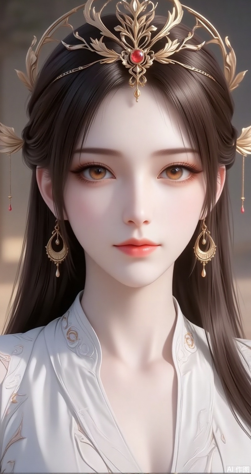 lvjing,baoshi,huolinger,1girl, solo, hair ornament, jewelry, long hair, brown hair, looking at viewer, earrings, brown eyes, closed mouth, crown,chinese clothes, upper body, portrait, dress, white dress, realistic,4,
cover,simple background,gradient background,close-up details,outstanding style,adding a touch of dimension to your images without compromising details,close-up