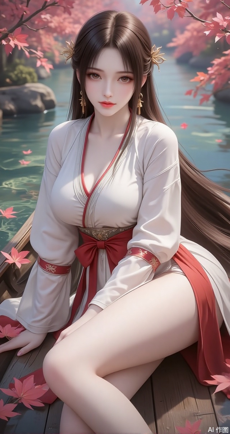 lvjing,baoshi,huolinger,1girl, bare legs, solo, long hair, hair ornament, brown hair, dress, water, leaf, earrings, branch, boat, lying, chinese clothes, jewelry, long sleeves, petals, sash, watercraft,3,
cover,simple background,gradient background,close-up details,outstanding style,adding a touch of dimension to your images without compromising details,close-up