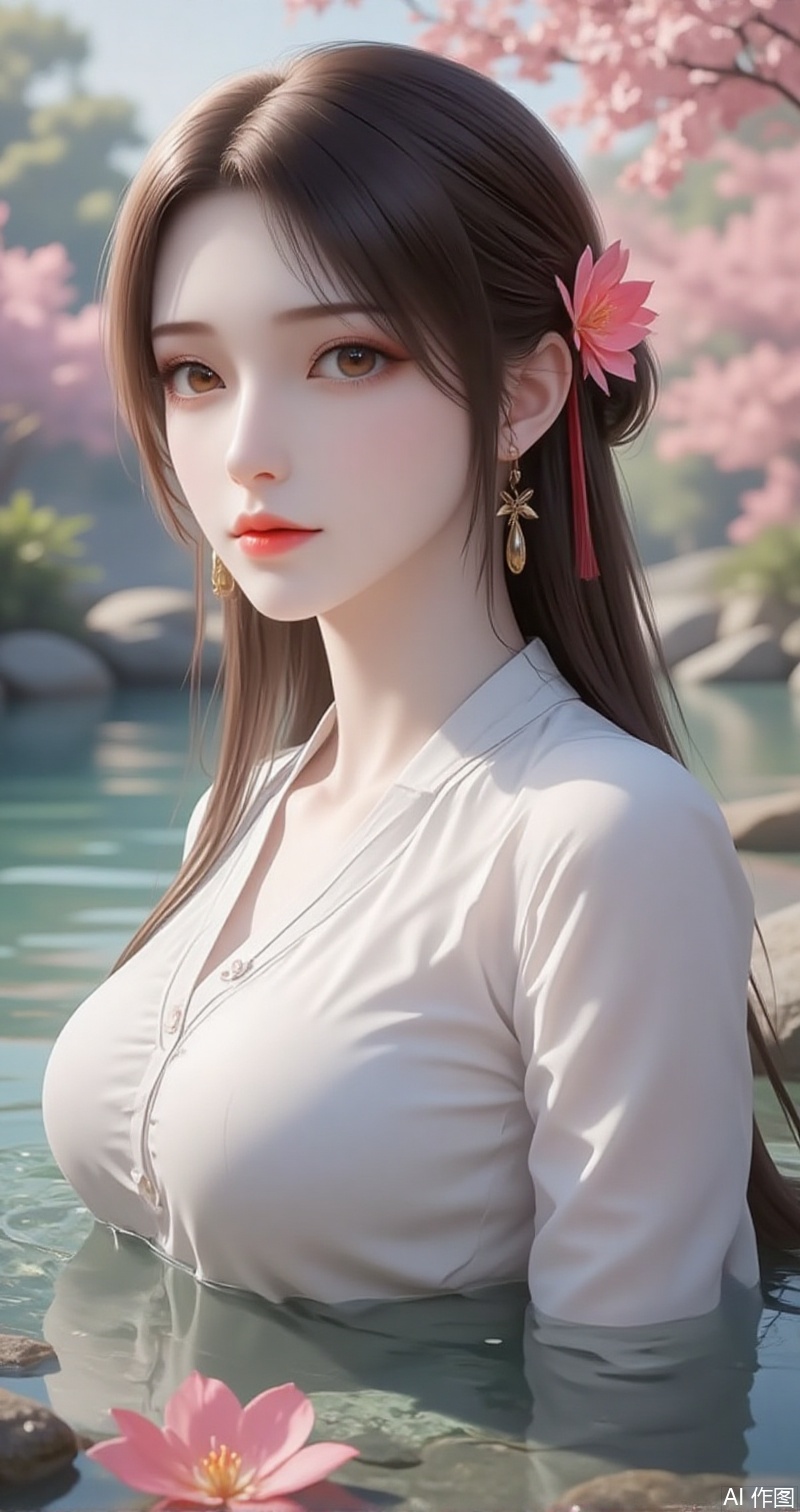 lvjing,baoshi,huolinger,1girl, flower, water, solo, hair ornament, long hair, rock, wet, earrings, jewelry, wet clothes, dress, looking at viewer, hair flower, upper body, white dress, brown hair, partially submerged, outdoors,2,
cover,simple background,gradient background,close-up details,outstanding style,adding a touch of dimension to your images without compromising details,close-up