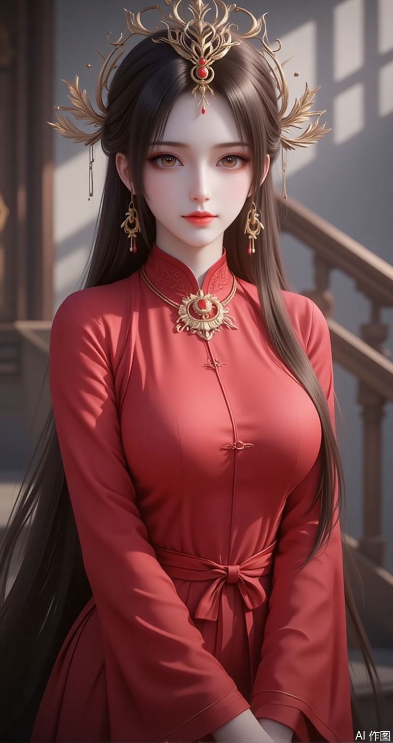lvjing,baoshi,huolinger,1girl, solo, long hair, jewelry, earrings, stairs, full body, brown hair, dress, hair ornament, chinese clothes, long sleeves, looking at viewer, standing, closed mouth, red dress,12,
cover,simple background,gradient background,close-up details,outstanding style,adding a touch of dimension to your images without compromising details,close-up