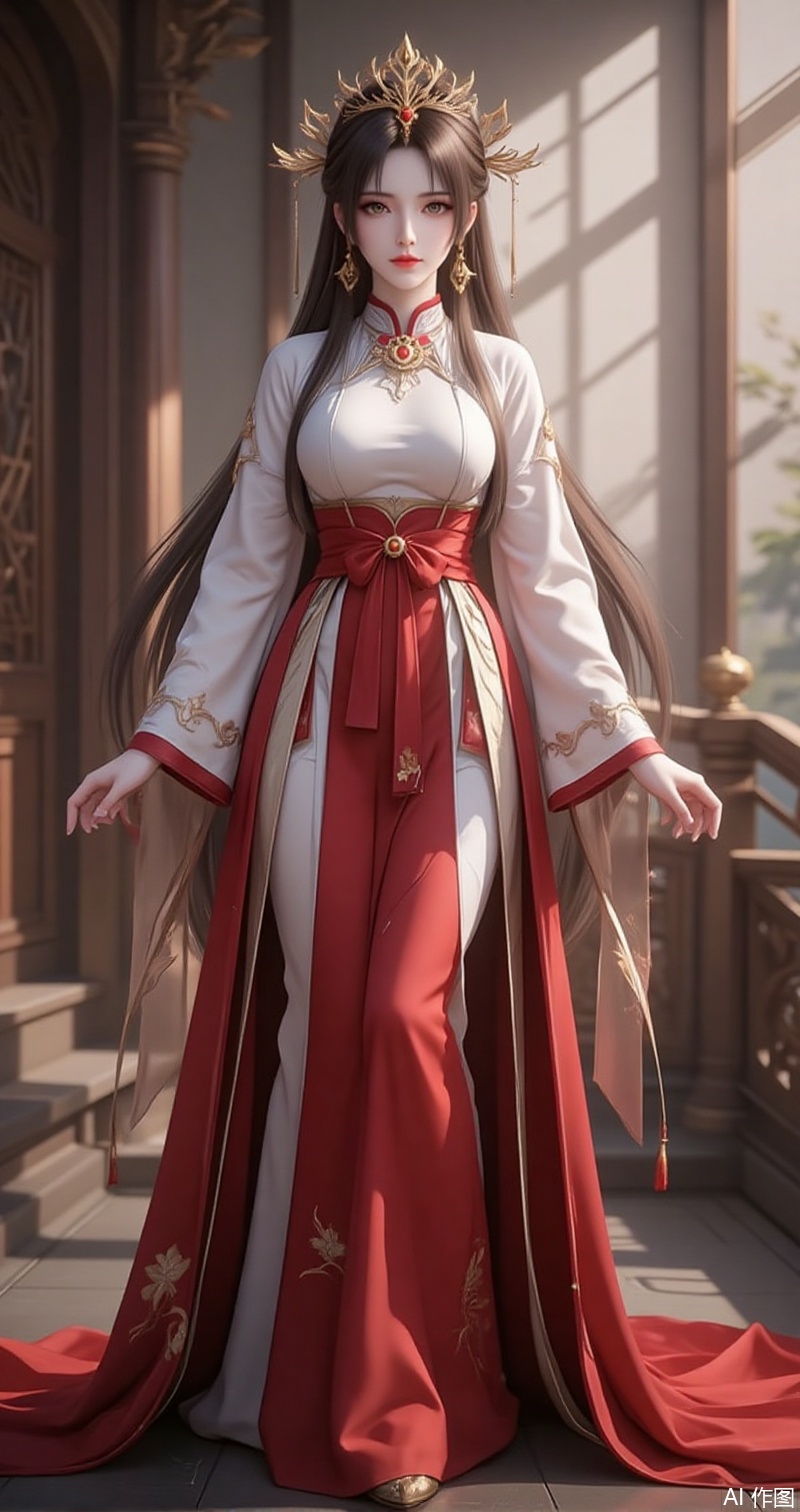 lvjing,baoshi,huolinger,1girl, solo, long hair, jewelry, earrings, stairs, full body, brown hair, dress, hair ornament, crown,chinese clothes, long sleeves, looking at viewer, standing, closed mouth, red dress,12,
cover,simple background,gradient background,close-up details,outstanding style,adding a touch of dimension to your images without compromising details,close-up