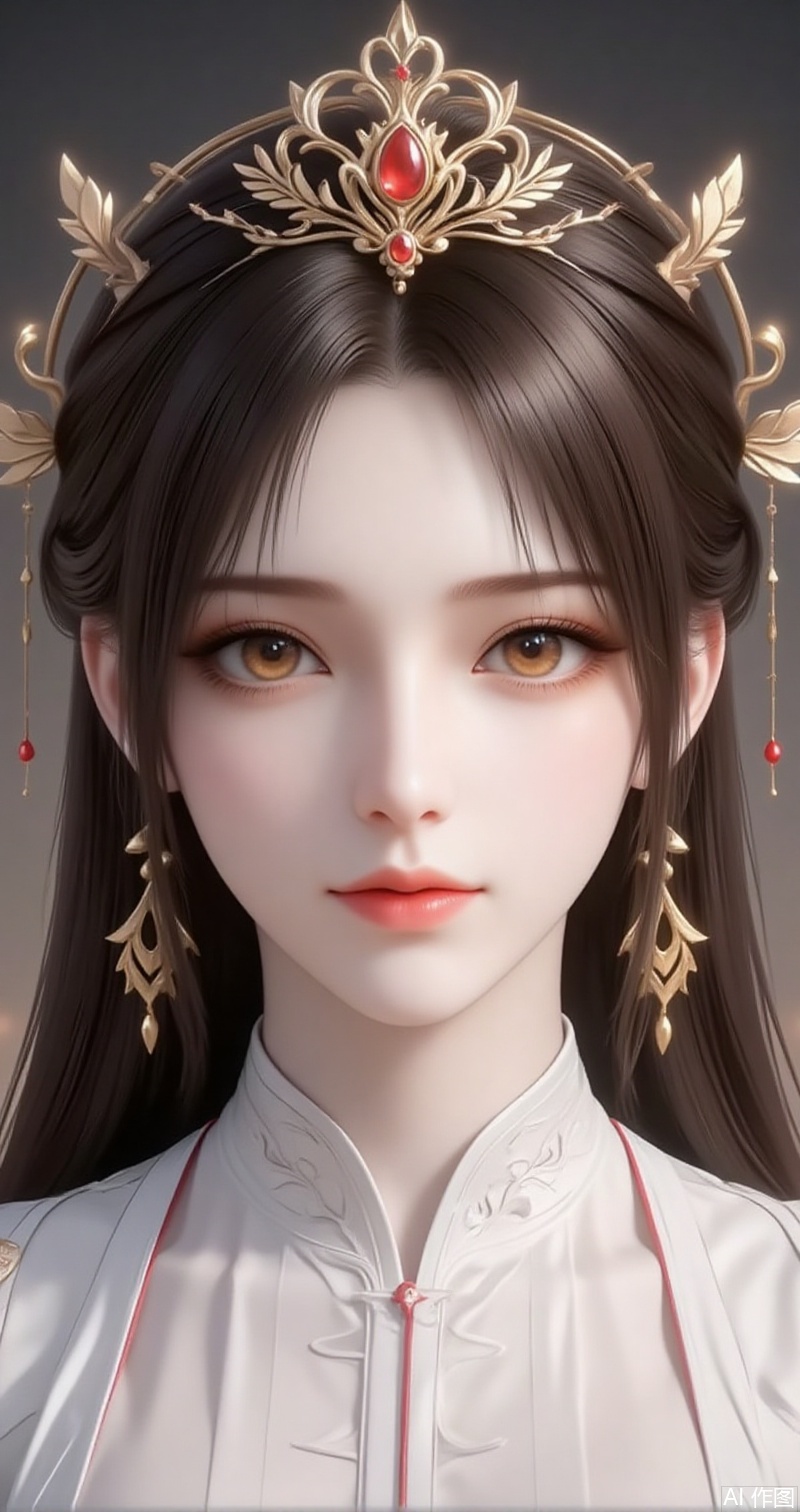 lvjing,baoshi,huolinger,1girl, solo, hair ornament, jewelry, long hair, brown hair, looking at viewer, earrings, brown eyes, closed mouth, crown,chinese clothes, upper body, portrait, dress, white dress, realistic,4,
cover,simple background,gradient background,close-up details,outstanding style,adding a touch of dimension to your images without compromising details,close-up