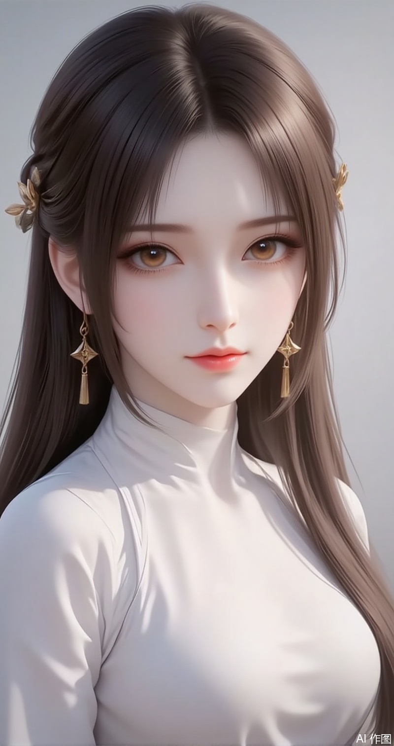 lvjing,baoshi,huolinger,1girl, solo, hair ornament, jewelry, long hair, brown hair, looking at viewer, earrings, brown eyes, closed mouth, chinese clothes, upper body, portrait, dress, white dress, realistic,4,
cover,simple background,gradient background,close-up details,outstanding style,adding a touch of dimension to your images without compromising details,close-up