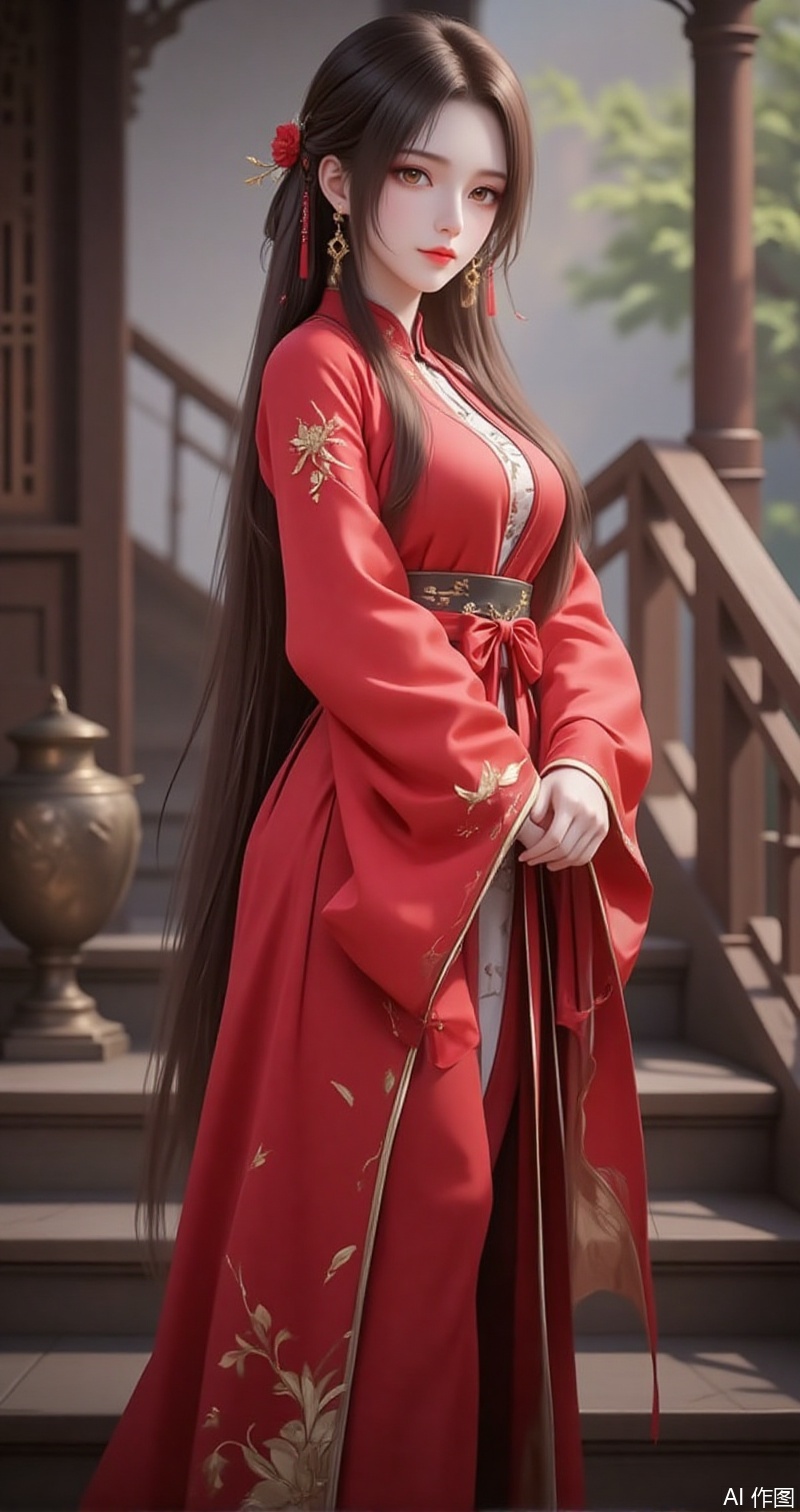 lvjing,baoshi,huolinger,1girl, solo, long hair, jewelry, earrings, stairs, full body, brown hair, dress, hair ornament, chinese clothes, long sleeves, looking at viewer, standing, closed mouth, red dress,12,
cover,simple background,gradient background,close-up details,outstanding style,adding a touch of dimension to your images without compromising details,close-up