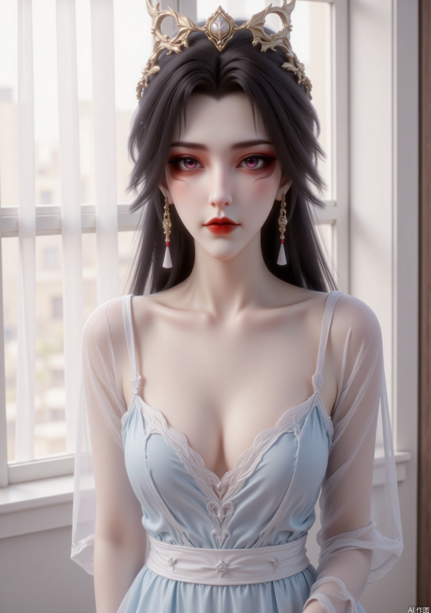 "The picture shows a woman wearing classical and elegant clothes. Her hair is black and fluttering, like a fairy. Her makeup is exquisite and her amber eyes are particularly charming. She is wearing a white and blue gradient skirt and a thin and transparent gauze dress, and the texture of the clothing is light and flowing. The woman sat by the window, with a gentle white window screen in the background, and the sun shone through the window, creating a warm and slightly lazy atmosphere. "
