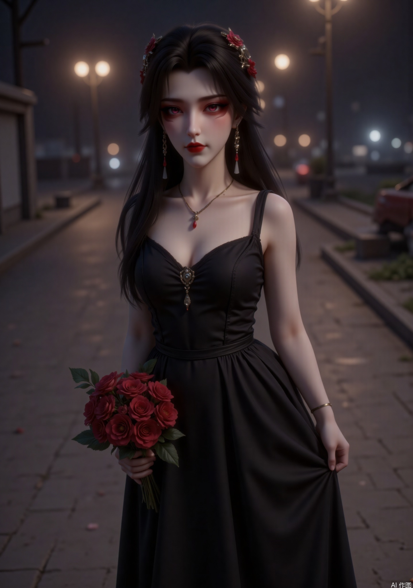 "main body
The main part of the picture is a woman wearing a dark black suspender dress. She held a bouquet of red flowers in her hand, with red flower accessories on her hair, and a red necklace on her neck. The overall outfit is uniform and eye-catching.
attitude
The woman stood elegantly, holding the hem of the skirt with one hand and holding the bouquet with her natural drooping hands. Her body turned slightly, her head facing the camera, her eyes were calm, showing a gentle temperament.
Light and shadow
The picture uses ambient light at night, and the lights in the background form light spots, creating a hazy and atmosphere-rich light and shadow effect. The characters receive even light, highlighting the facial contour and body curves. The tones under the umbrella and the shadow parts are darker, which contrasts with the subject and highlights the subject's image.
Art style
It has a realistic and romantic style. The characters are portrayed in detail, from the folds of the costume to the hair. The blurred urban night view of the background forms a contrast between the real and virtual with the clear subject, adding to the artistic sense and storyline of the picture, creating a romantic and quiet atmosphere as a whole. "