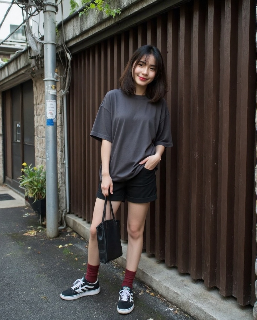 Create a realistic photoshoot for a woman styled in a dark grey oversized short sleeve t-shirt,  black shorts,  red maroon...