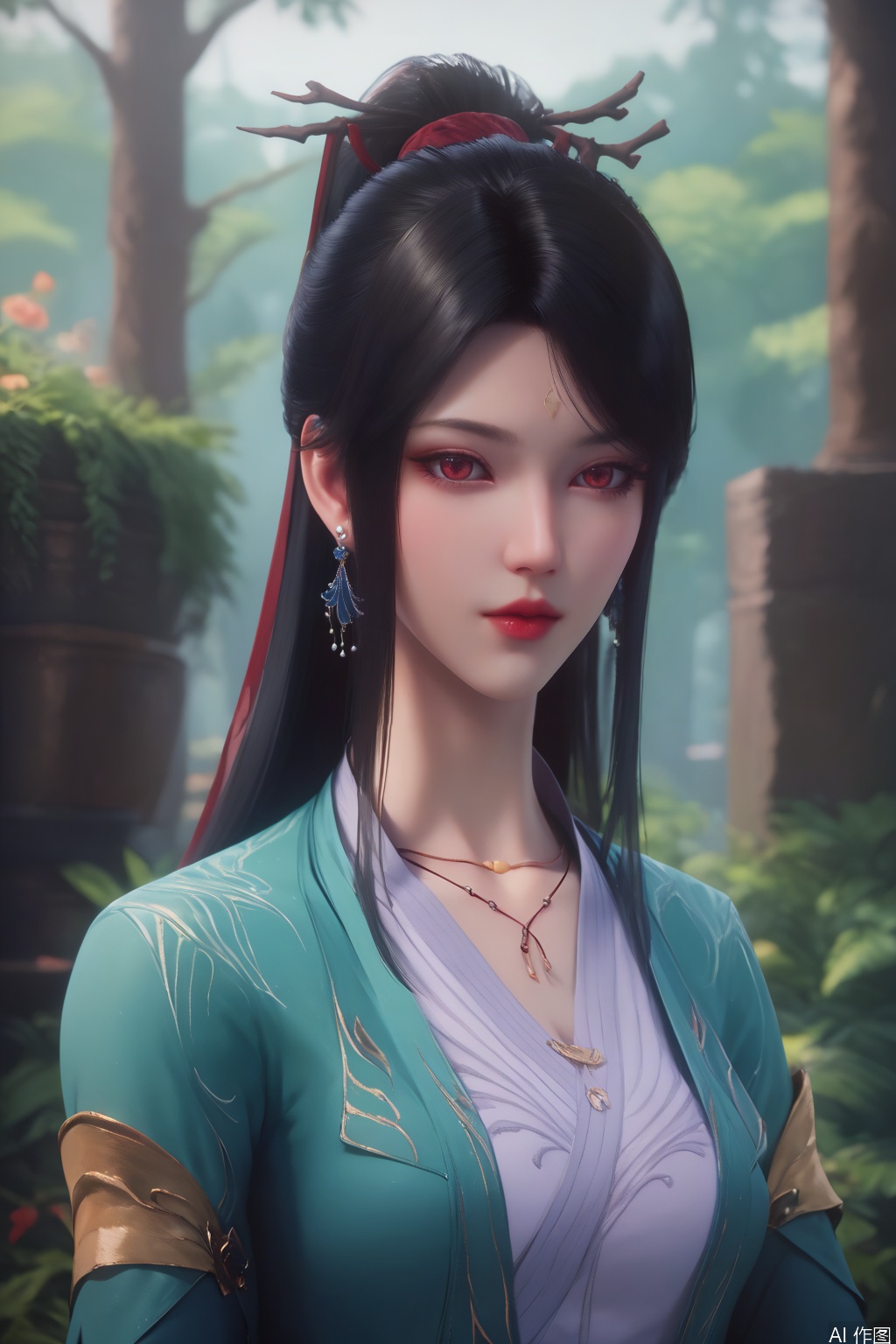 score_9_up,score_8_up,score_7_up,(Masterpiece, Best Quality, High Resolution, 8K Raw),absurdres, highres, Expressiveh,illustration,CG,
1girl, solo, long hair, black hair, hair ornament, red eyes, dress, jewelry, closed mouth, upper body, ponytail, earrings, necklace, blurry, blurry background, red lips