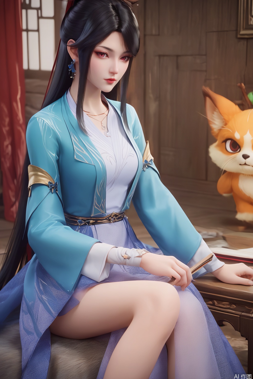 score_9_up,score_8_up,score_7_up,(Masterpiece, Best Quality, High Resolution, 8K Raw),absurdres, highres, Expressiveh,illustration,CG,
1girl, solo, long hair, looking at viewer, black hair, hair ornament, long sleeves, dress, holding, sitting, indoors, chinese clothes, instrument